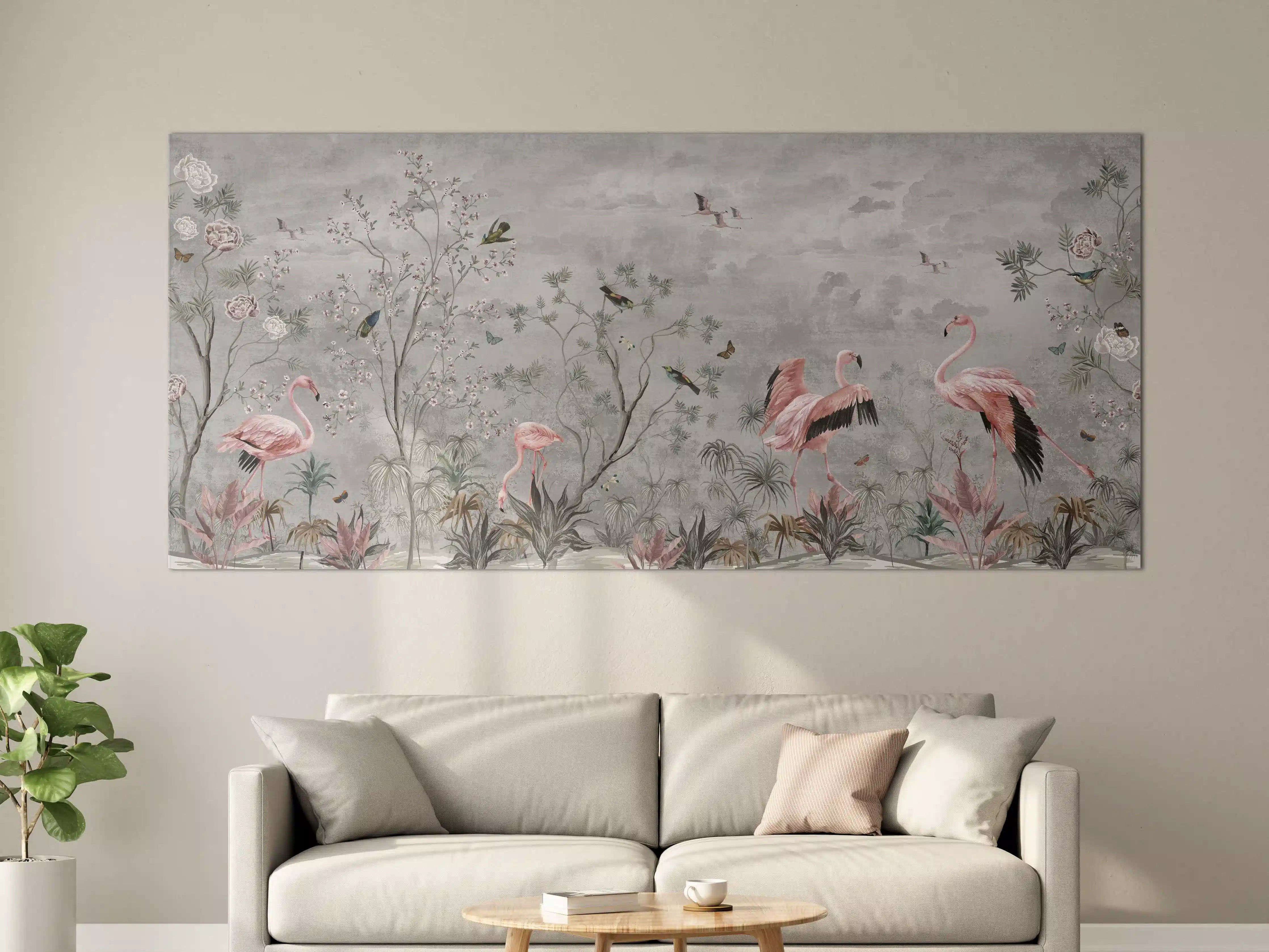 Große Wandbilder - Vintage Dschungel Flamingo Tapete