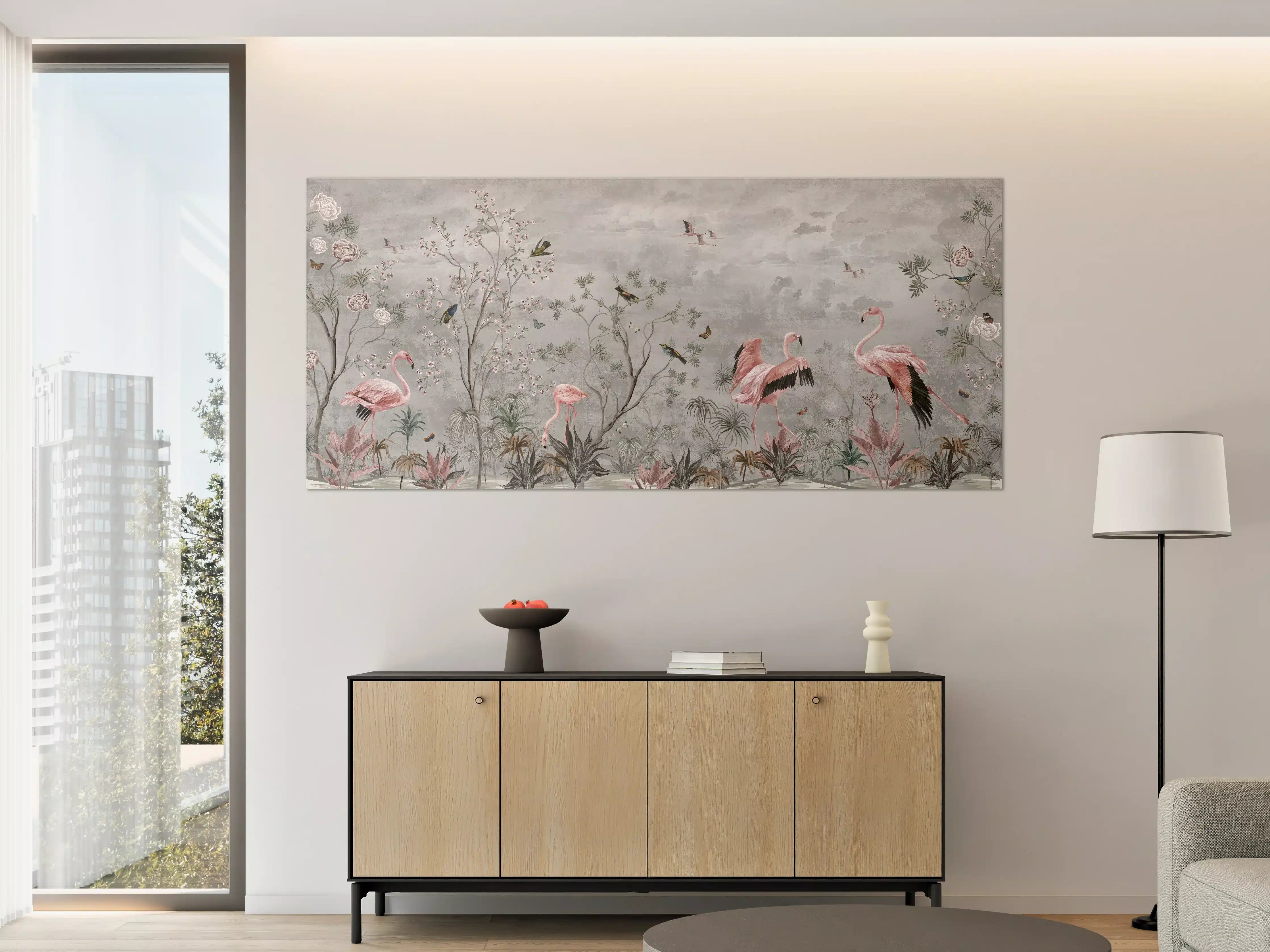 Große Wandbilder - Vintage Dschungel Flamingo Tapete