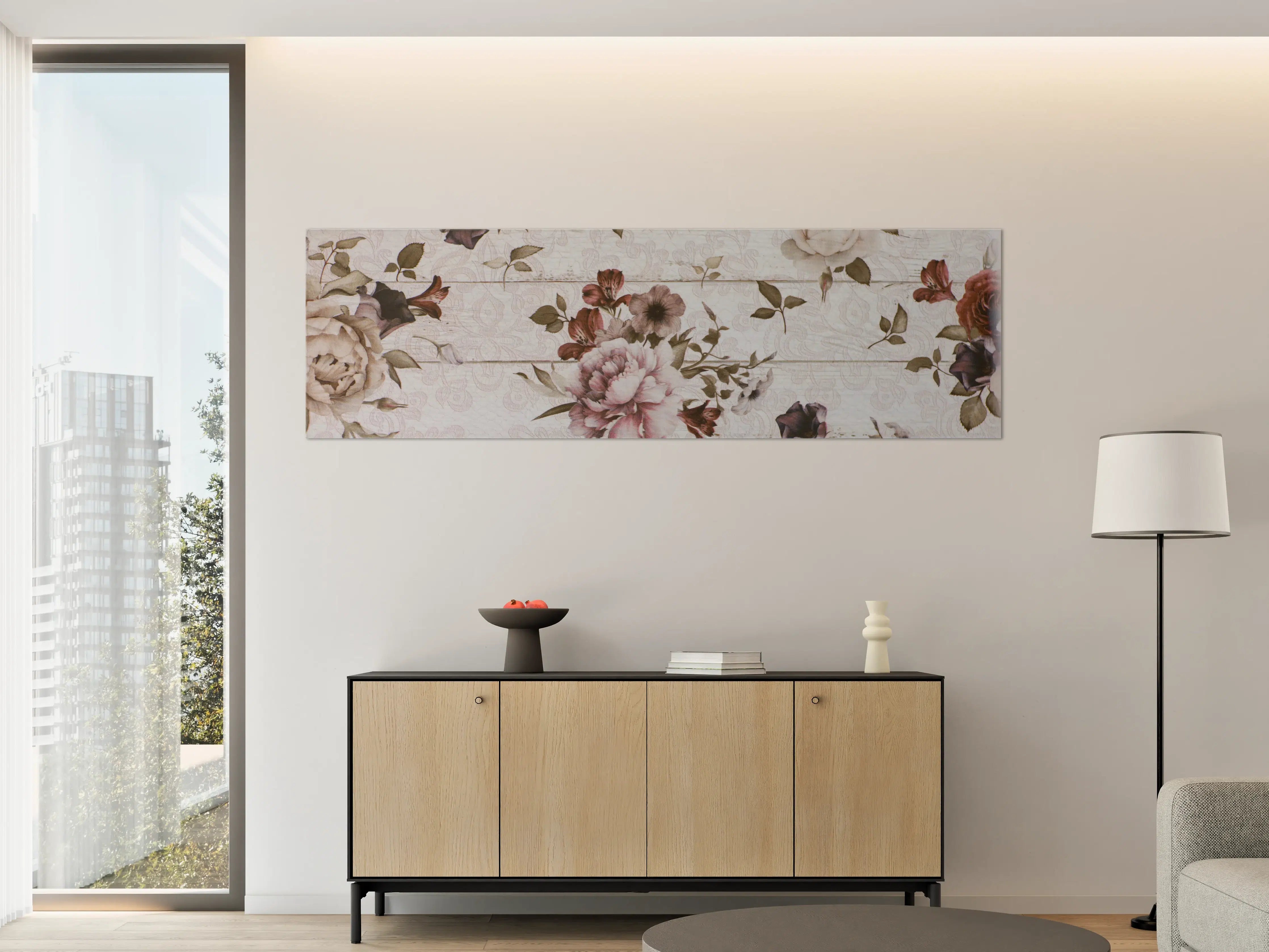 Große Wandbilder - Vintage-Holzpaneele mit Blumenmuster