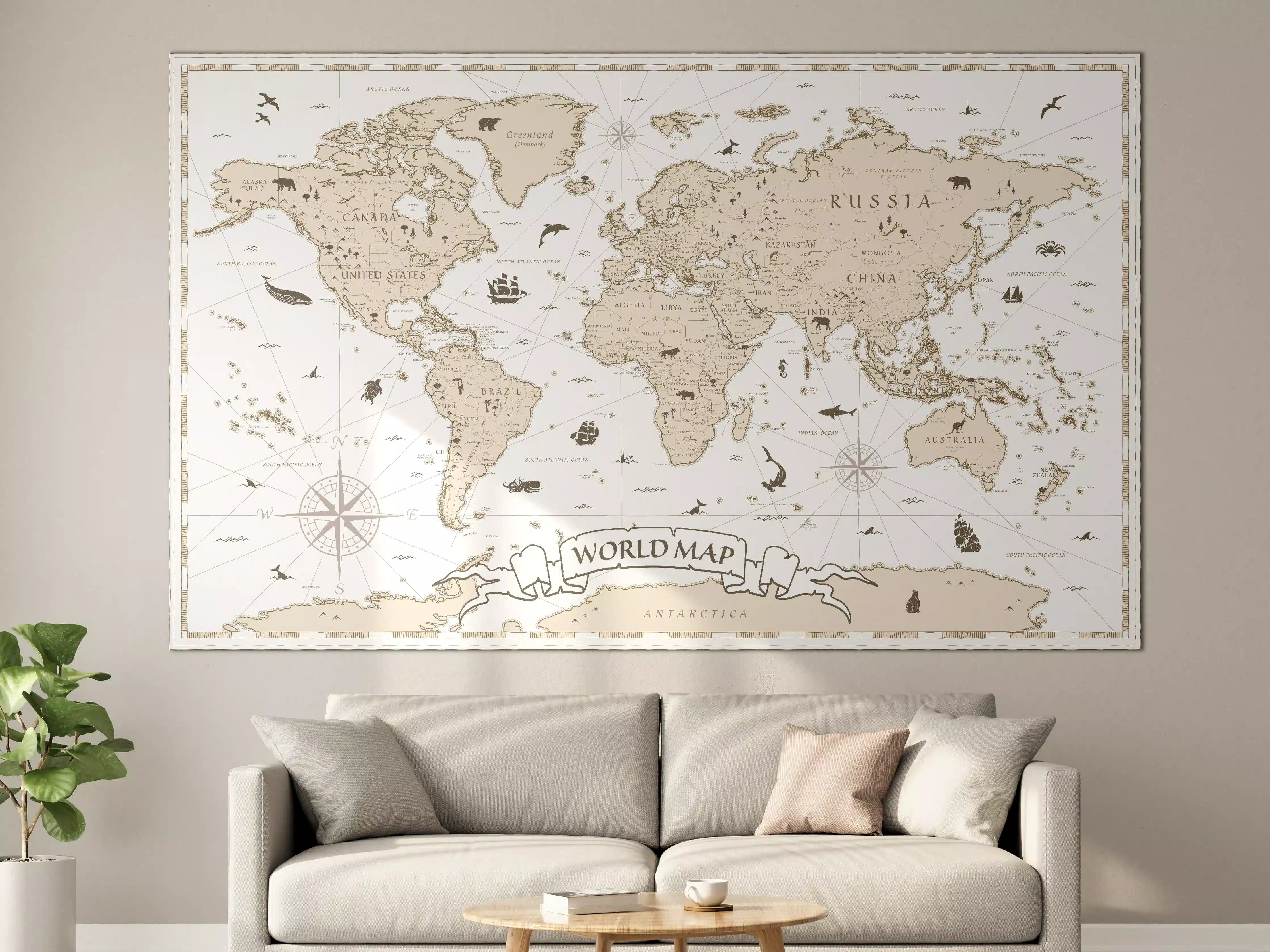 Große Wandbilder - Vintage Weltkarte in Beige