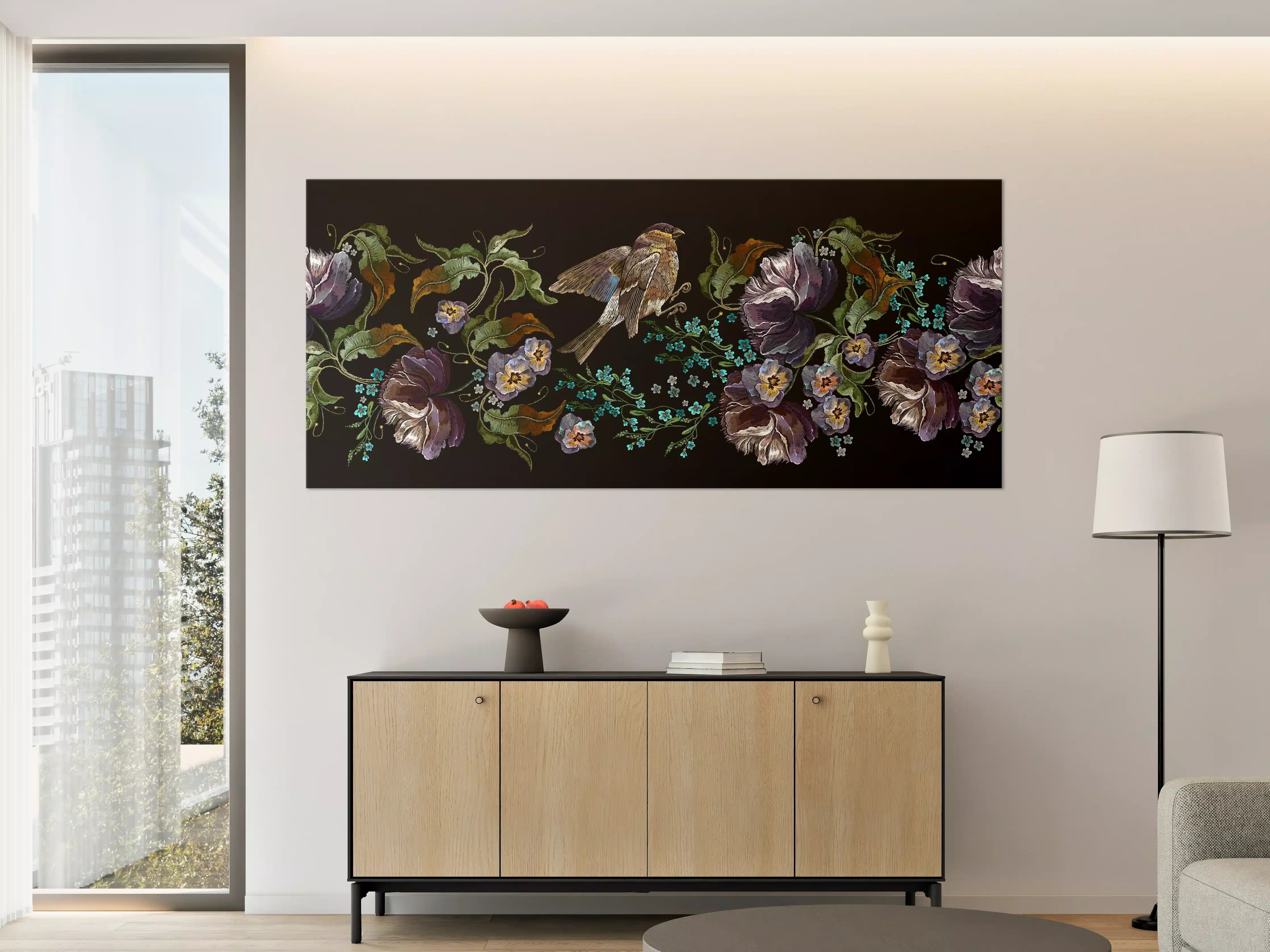 Große Wandbilder - Violette Blumen Vogelmuster Stickerei