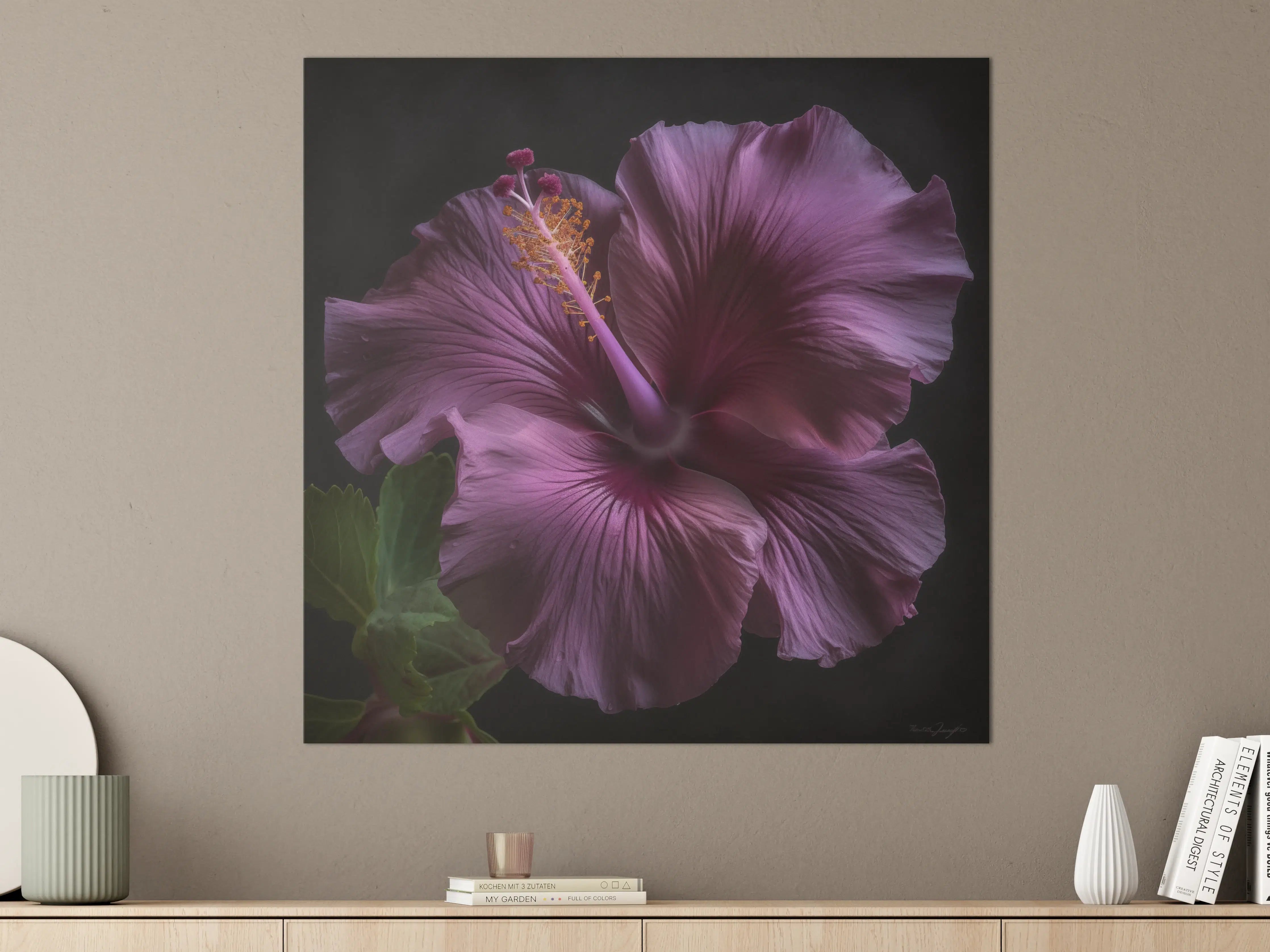 Große Wandbilder - Violette Hibiskusblüte vor dunklem Hintergrund