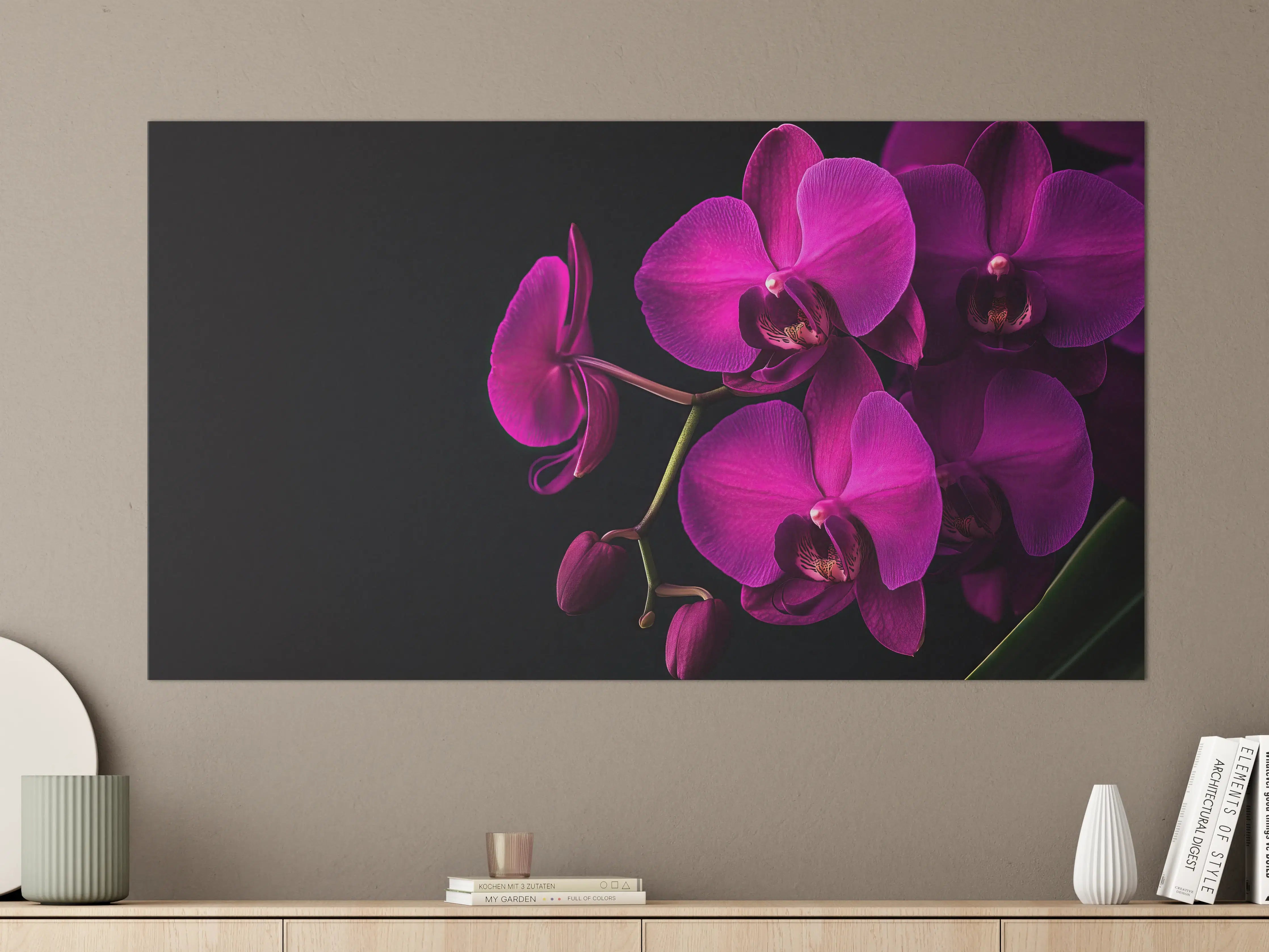 Große Wandbilder - Violette Orchideen auf Schwarz