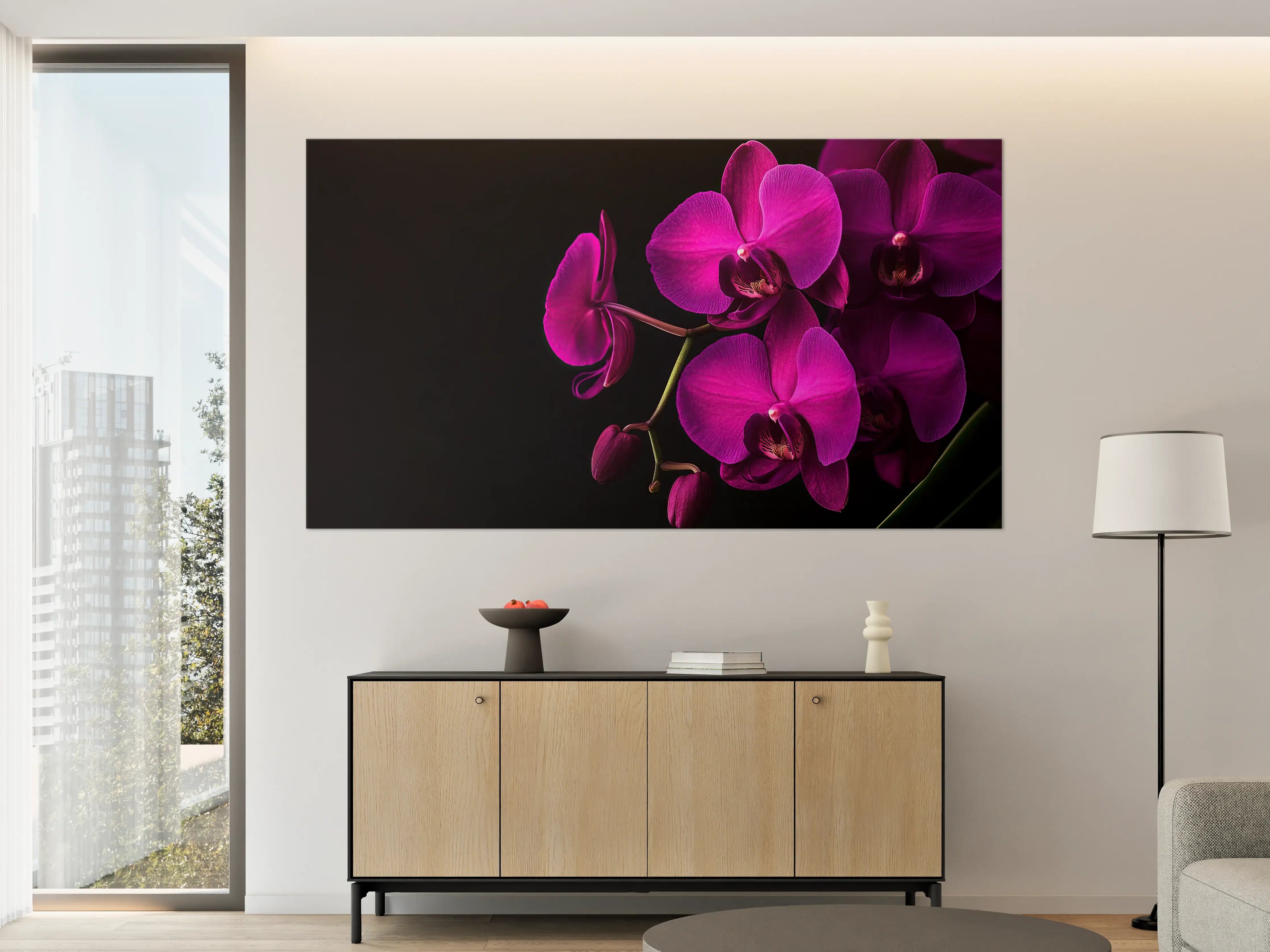 Große Wandbilder - Violette Orchideen auf Schwarz