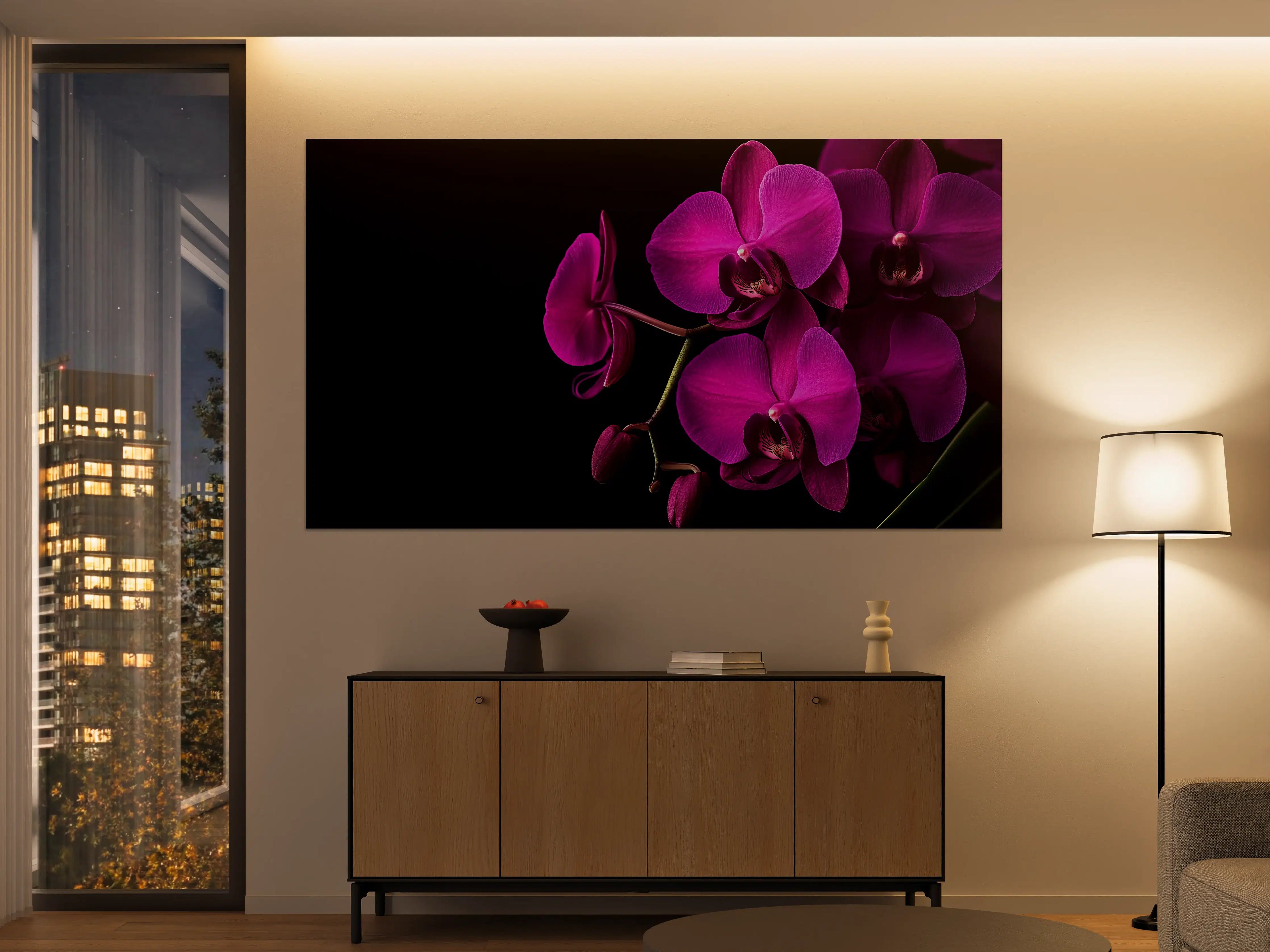 Große Wandbilder - Violette Orchideen auf Schwarz