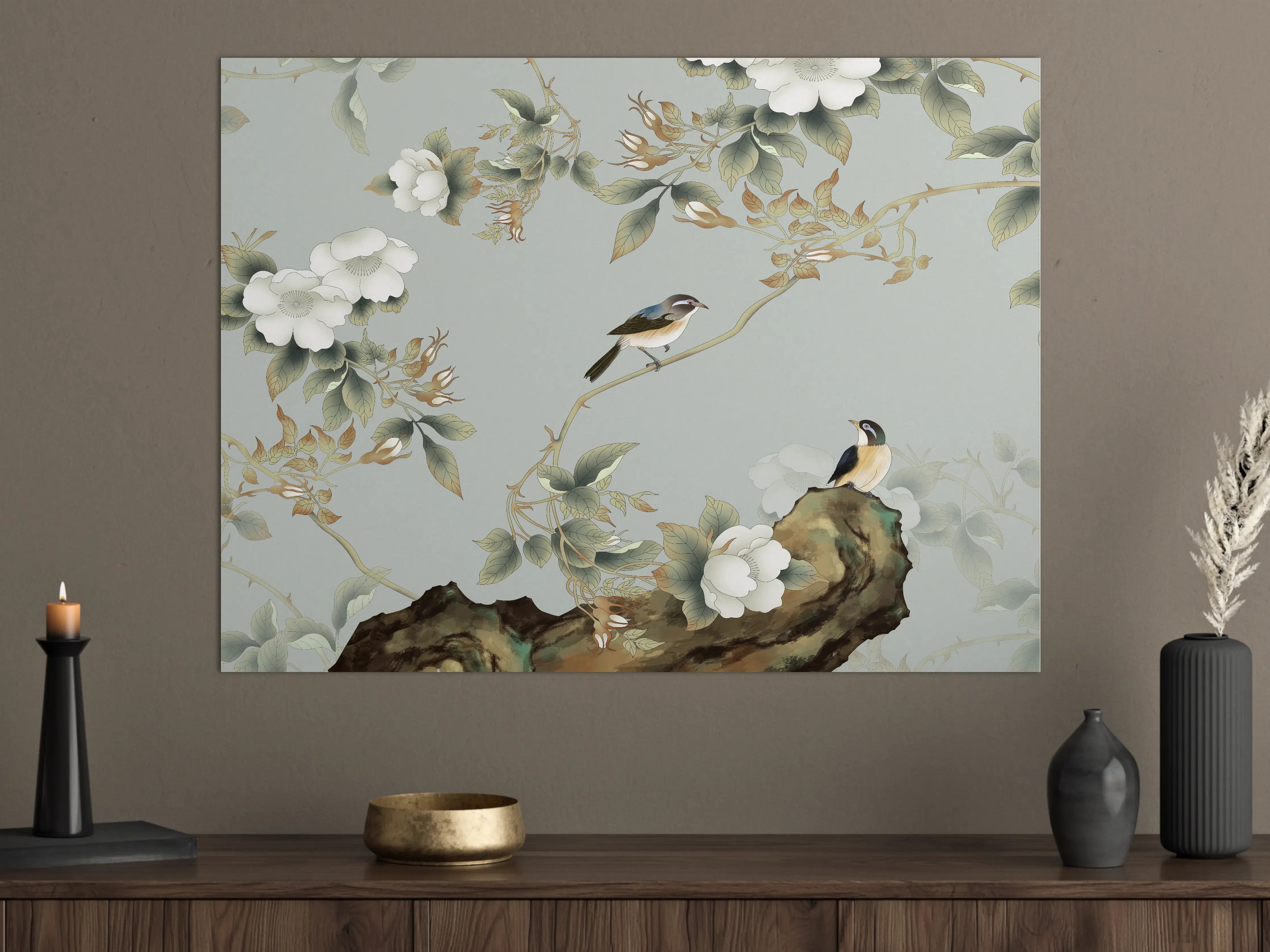 Große Wandbilder - Vögel Natur Illustration auf grauem Hintergrund