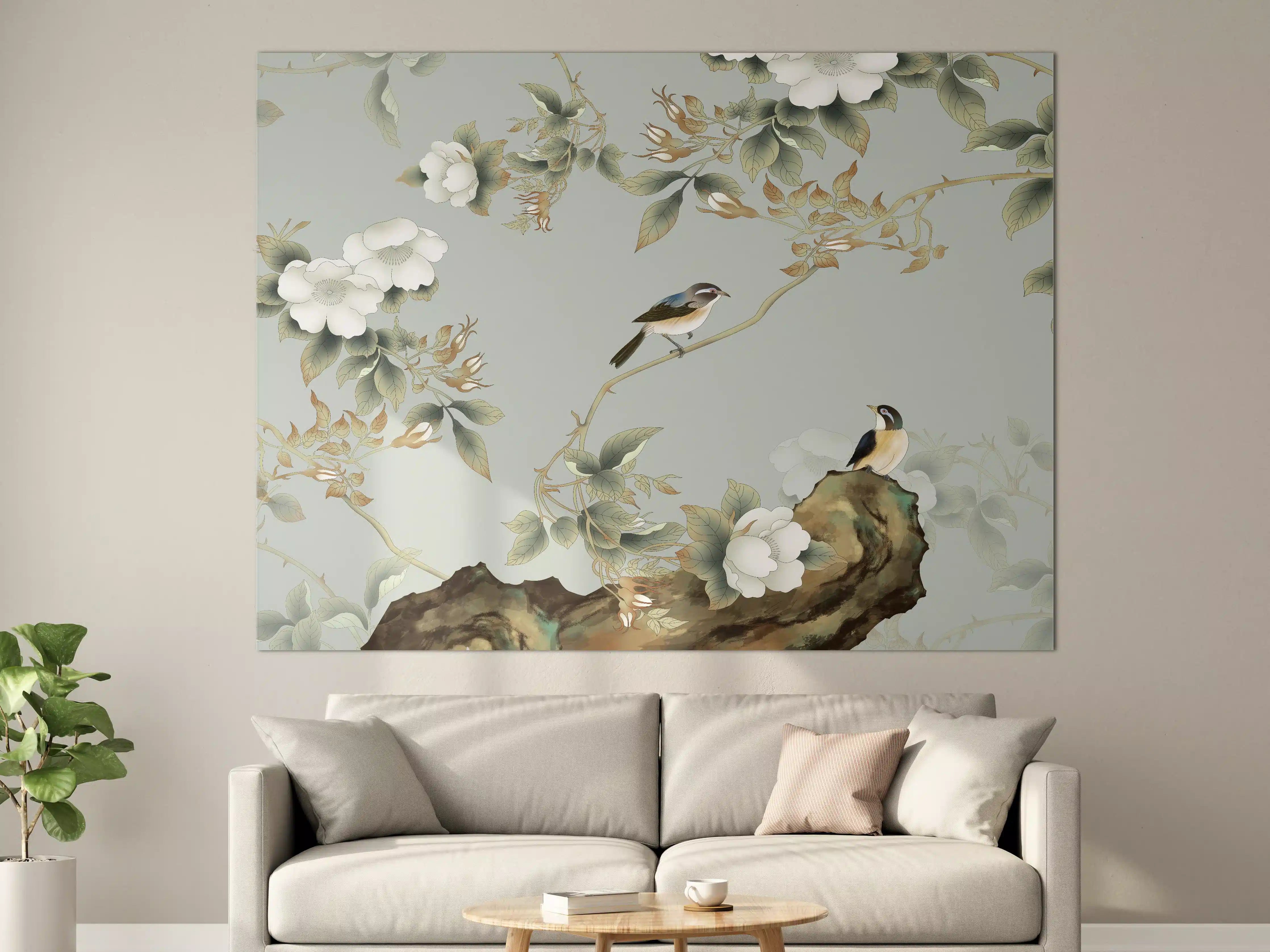 Große Wandbilder - Vögel Natur Illustration auf grauem Hintergrund