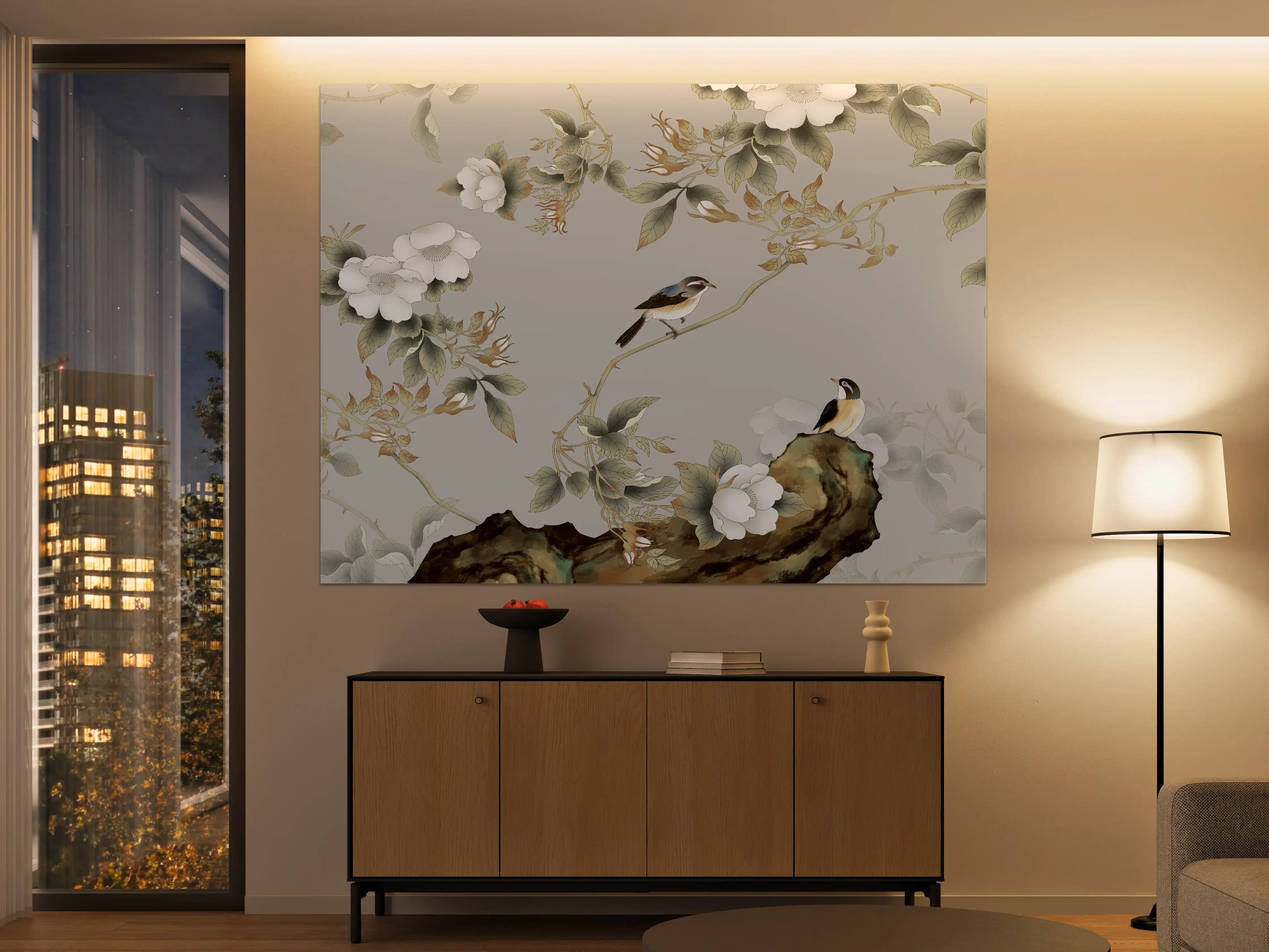 Große Wandbilder - Vögel Natur Illustration auf grauem Hintergrund