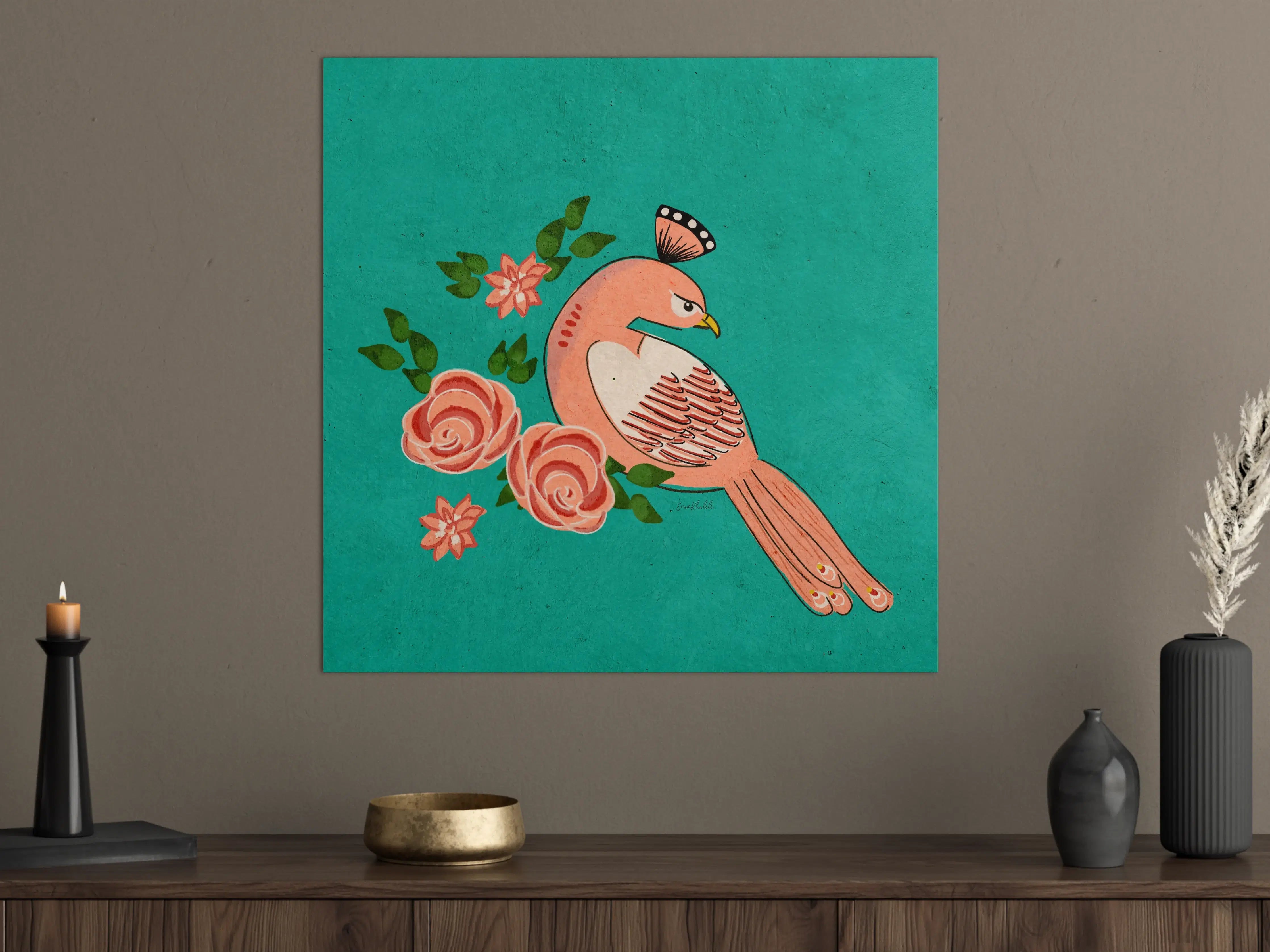 Große Wandbilder - Vogel mit Blumen auf türkm Hintergrund