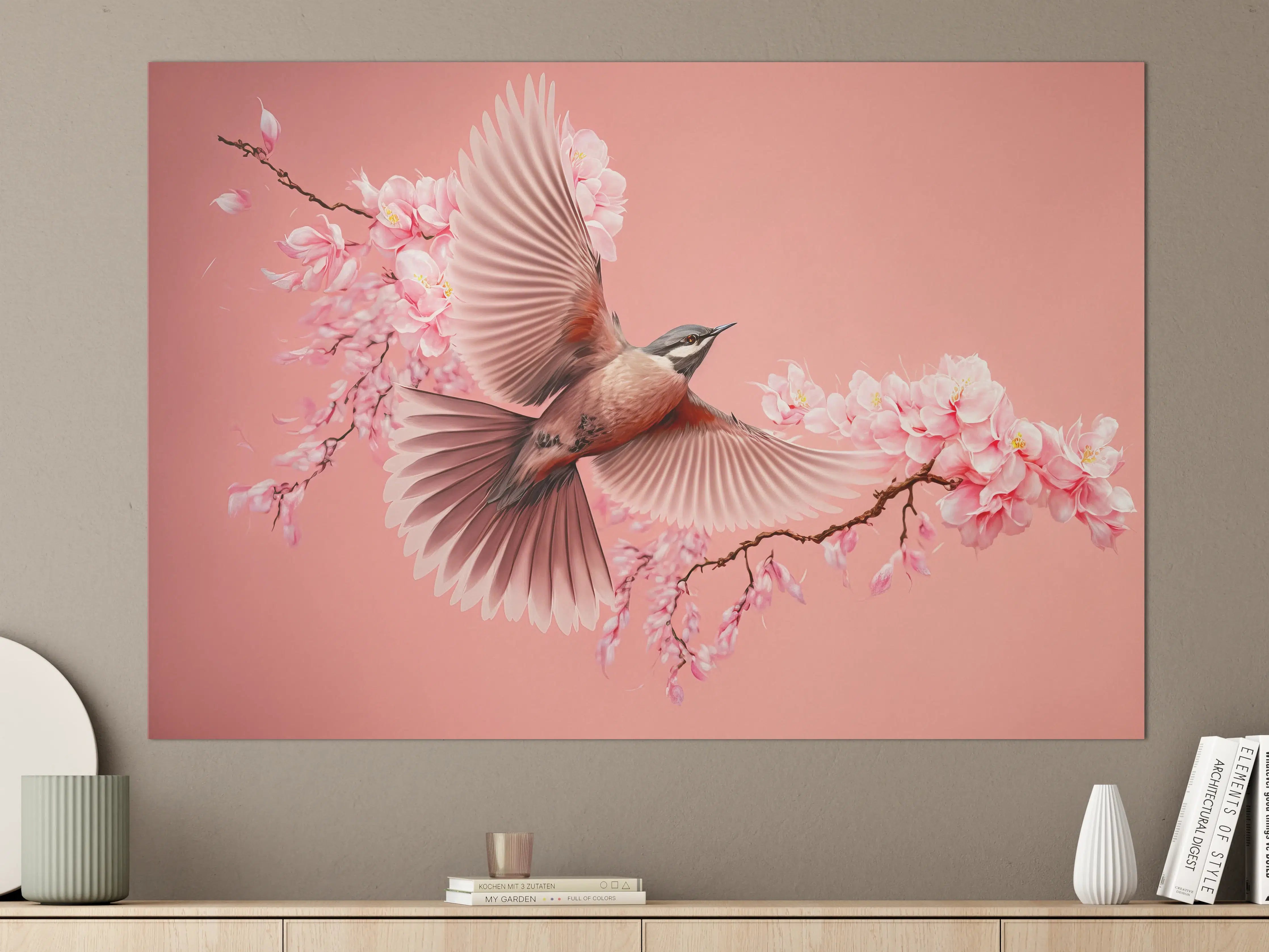 Große Wandbilder - Vogel und Kirschblüten Pink