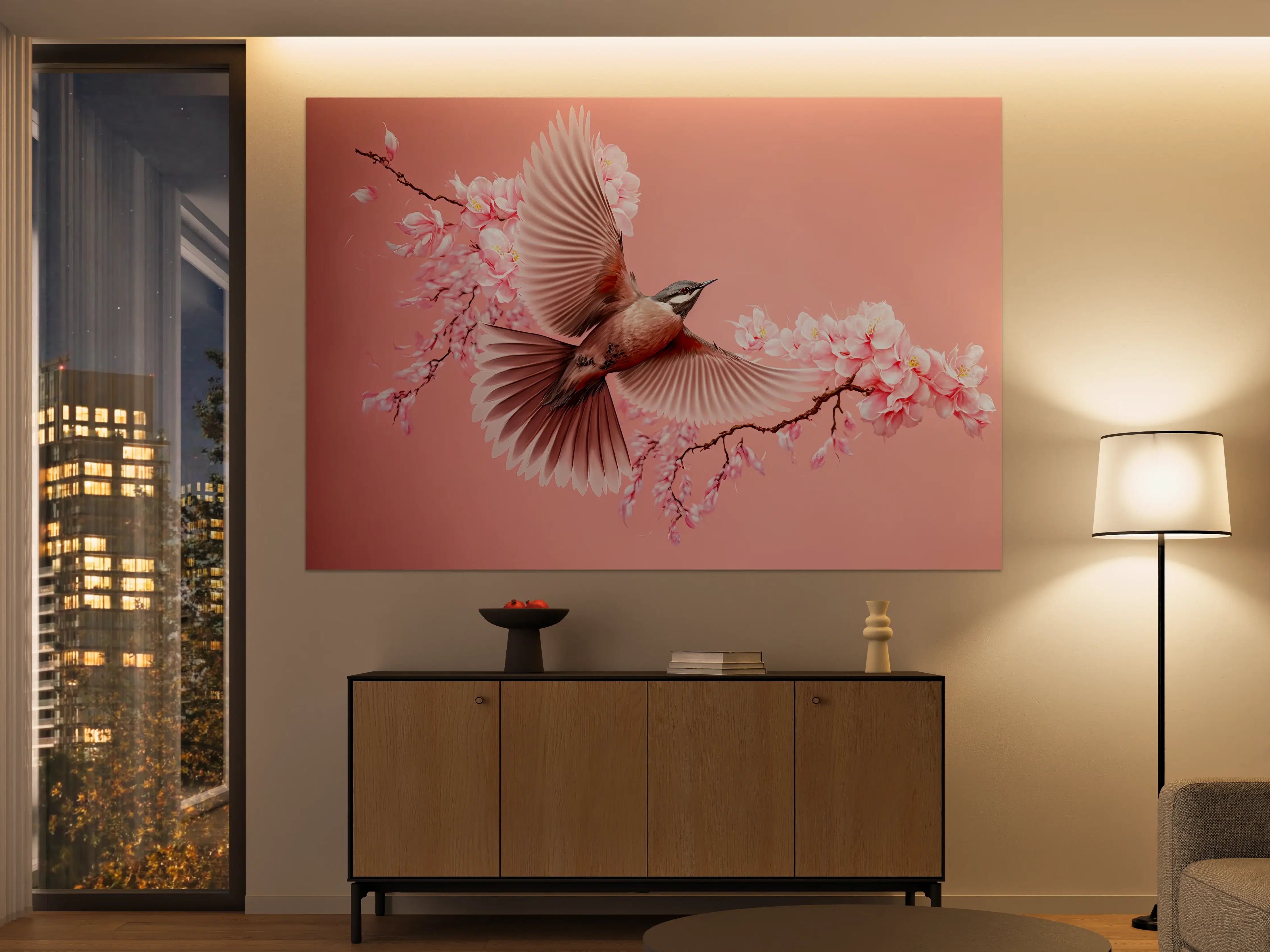 Große Wandbilder - Vogel und Kirschblüten Pink