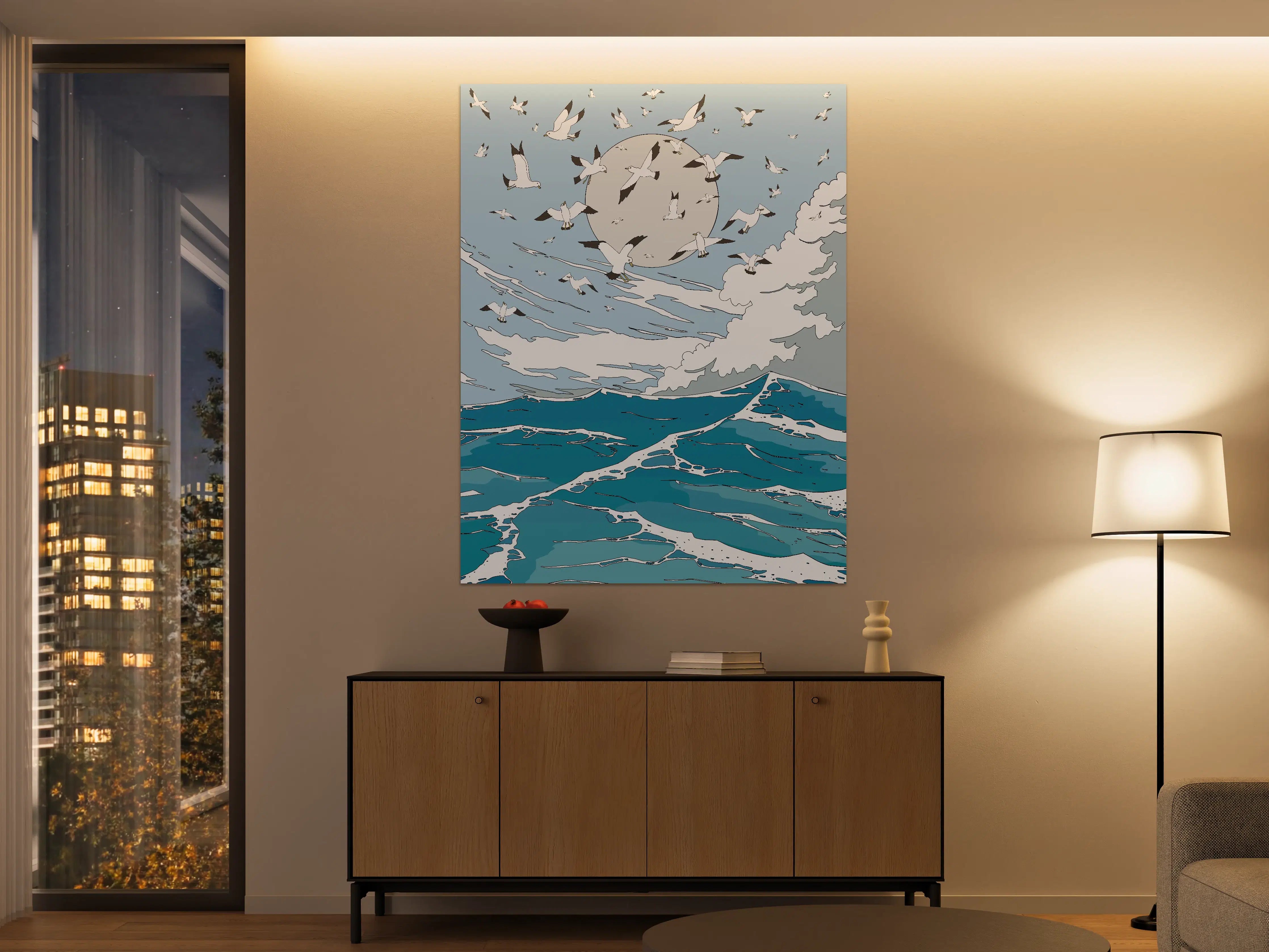 Große Wandbilder - Vogelzug über dem Meer bei Mondlicht