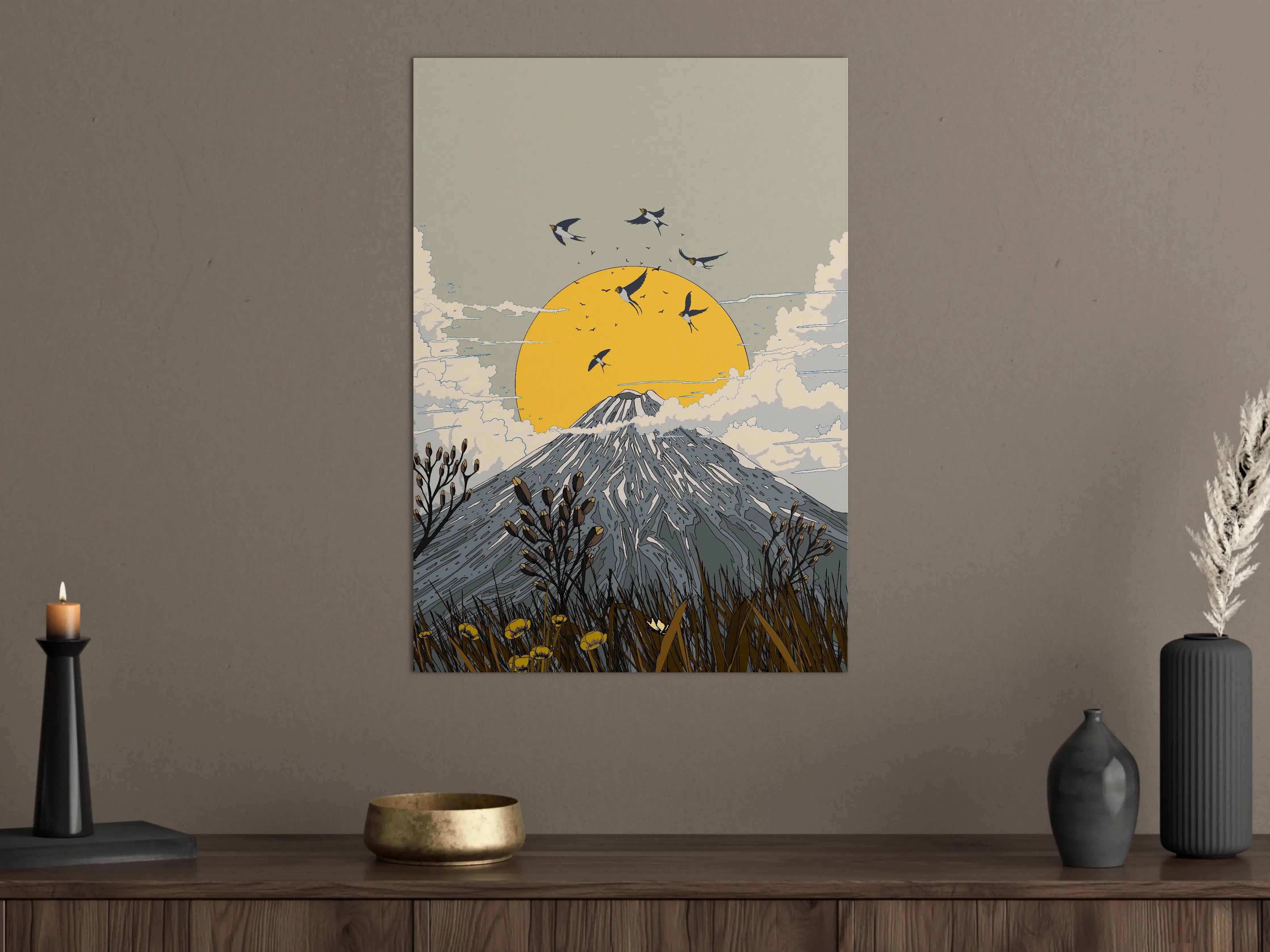Große Wandbilder - Vogelzug vor Berg mit Sonnenuntergang