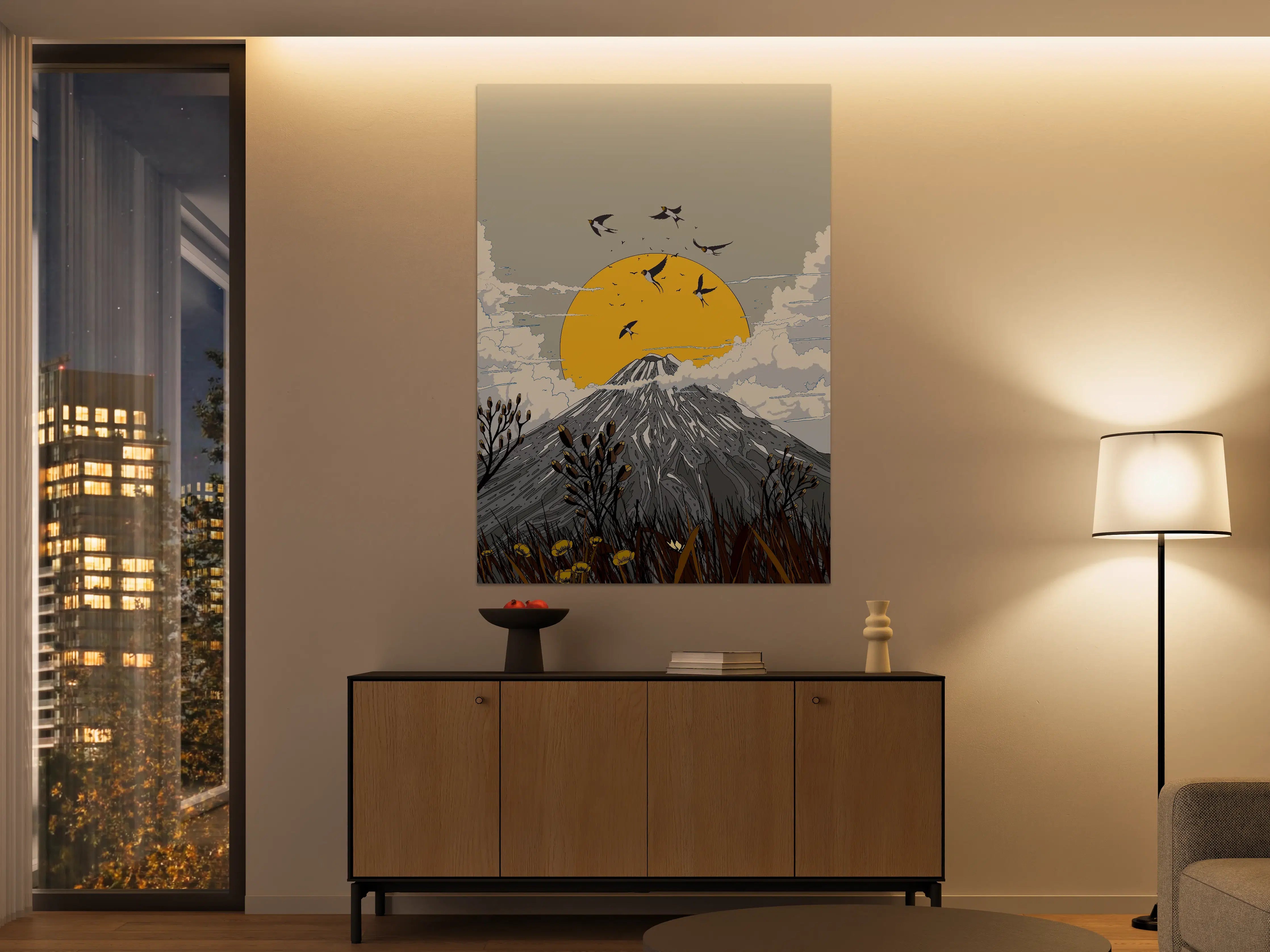 Große Wandbilder - Vogelzug vor Berg mit Sonnenuntergang