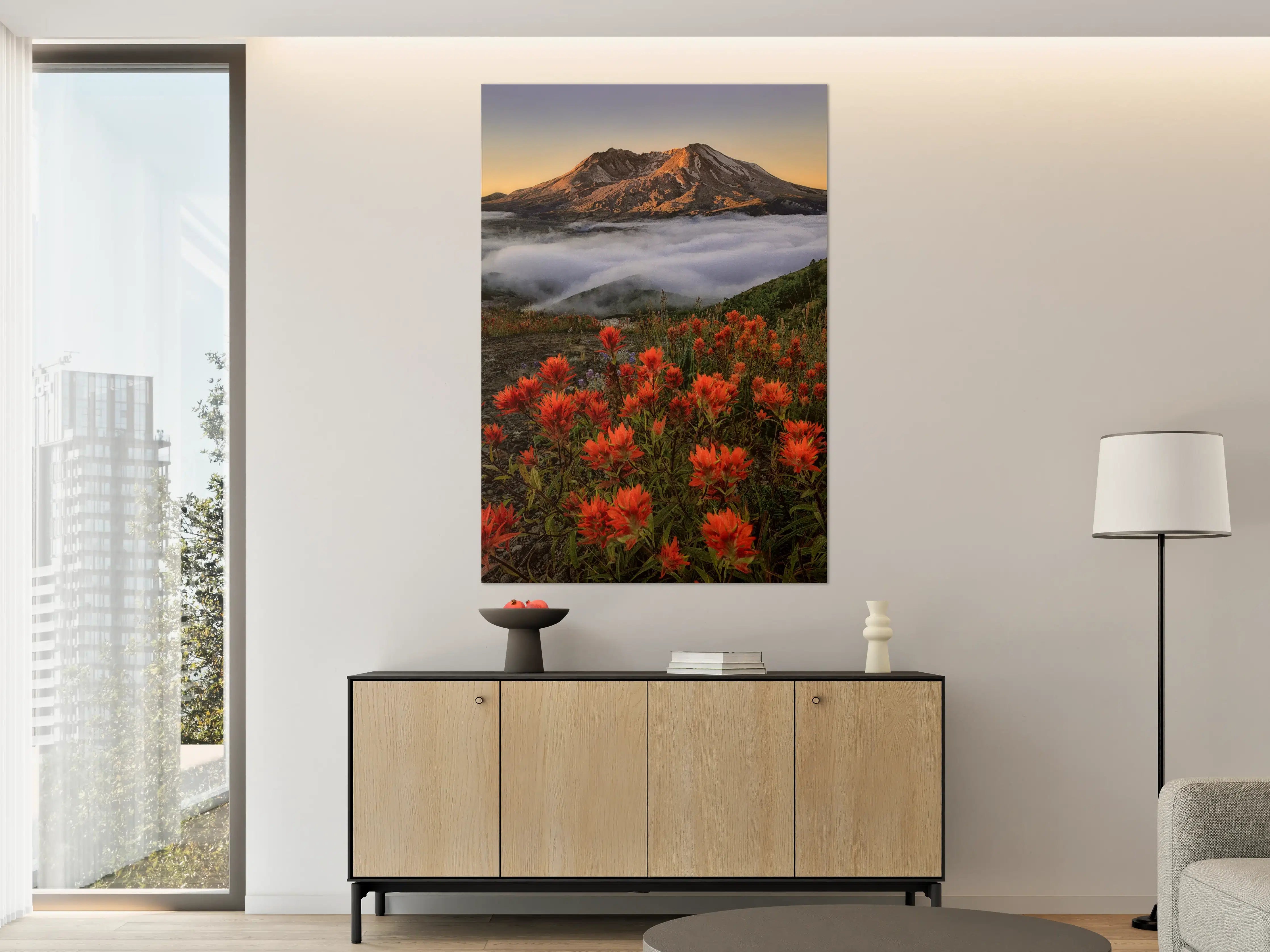 Große Wandbilder - Vulkan mit blühender Landschaft im Vordergrund