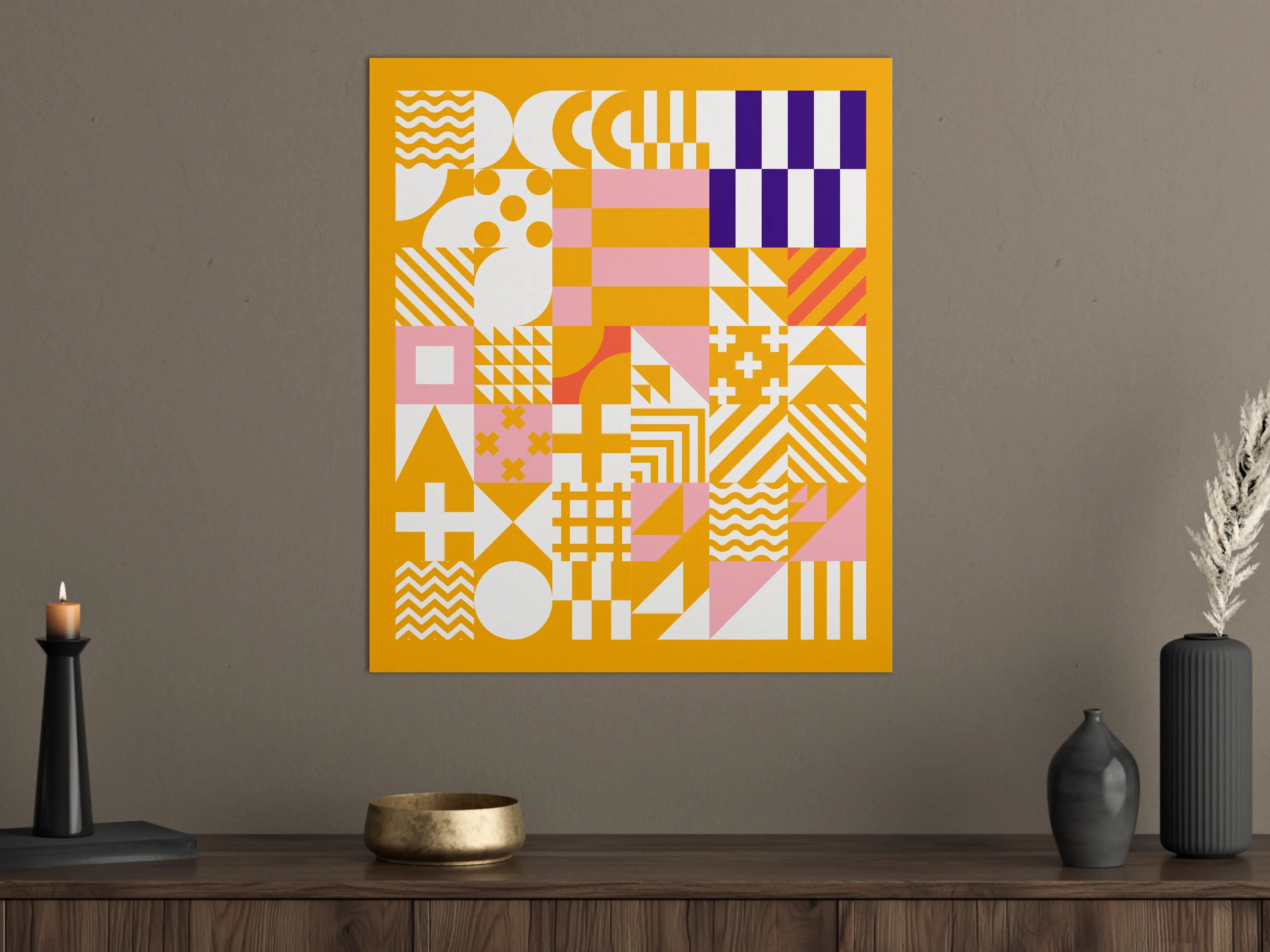 Große Wandbilder - Warmer, geometrischer Muster-Mix in Gelb, Rosa und Blau