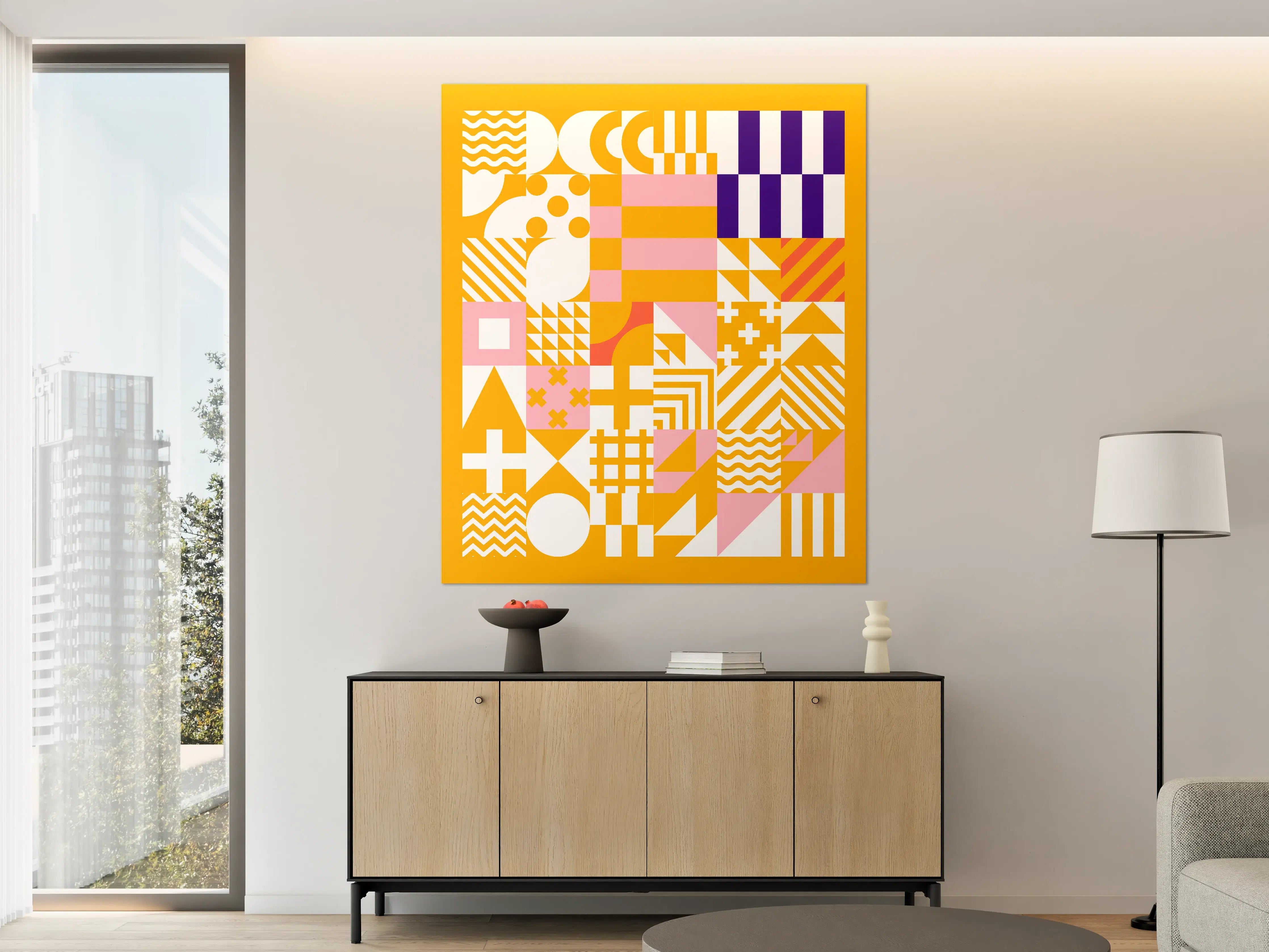 Große Wandbilder - Warmer, geometrischer Muster-Mix in Gelb, Rosa und Blau