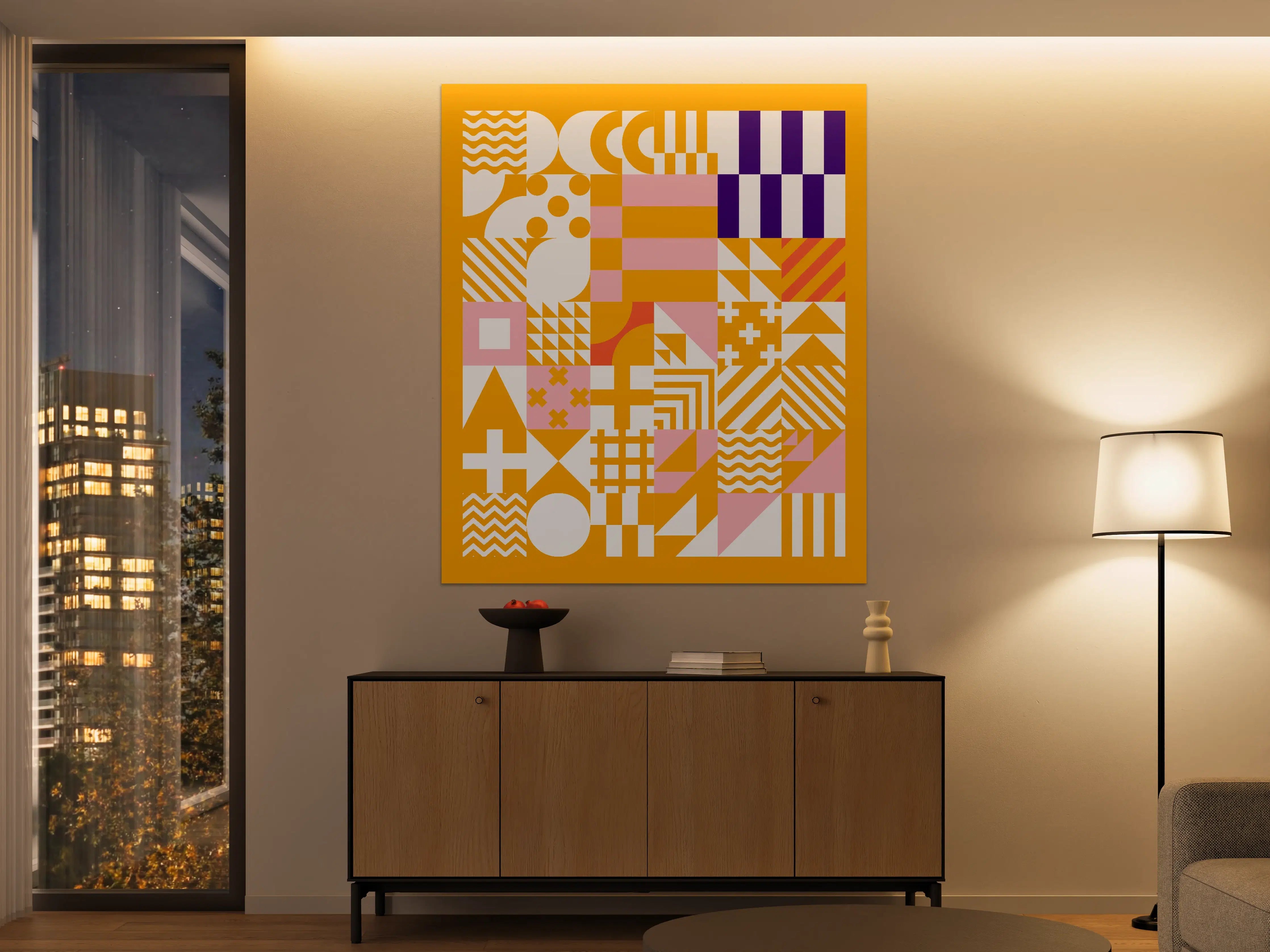 Große Wandbilder - Warmer, geometrischer Muster-Mix in Gelb, Rosa und Blau