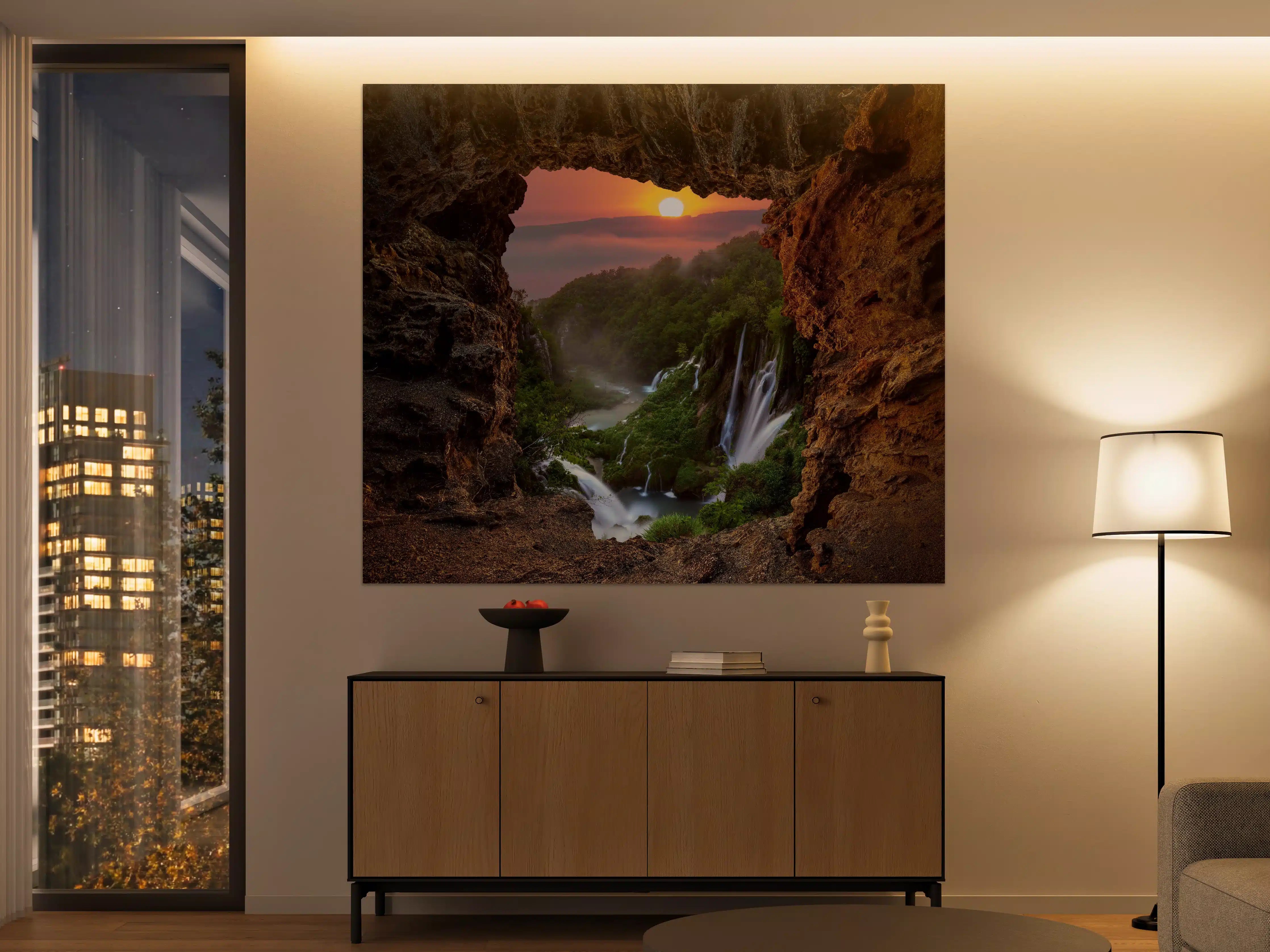 Große Wandbilder - Wasserfall im Nationalpark Plitvicer Seen bei Sonnenuntergang