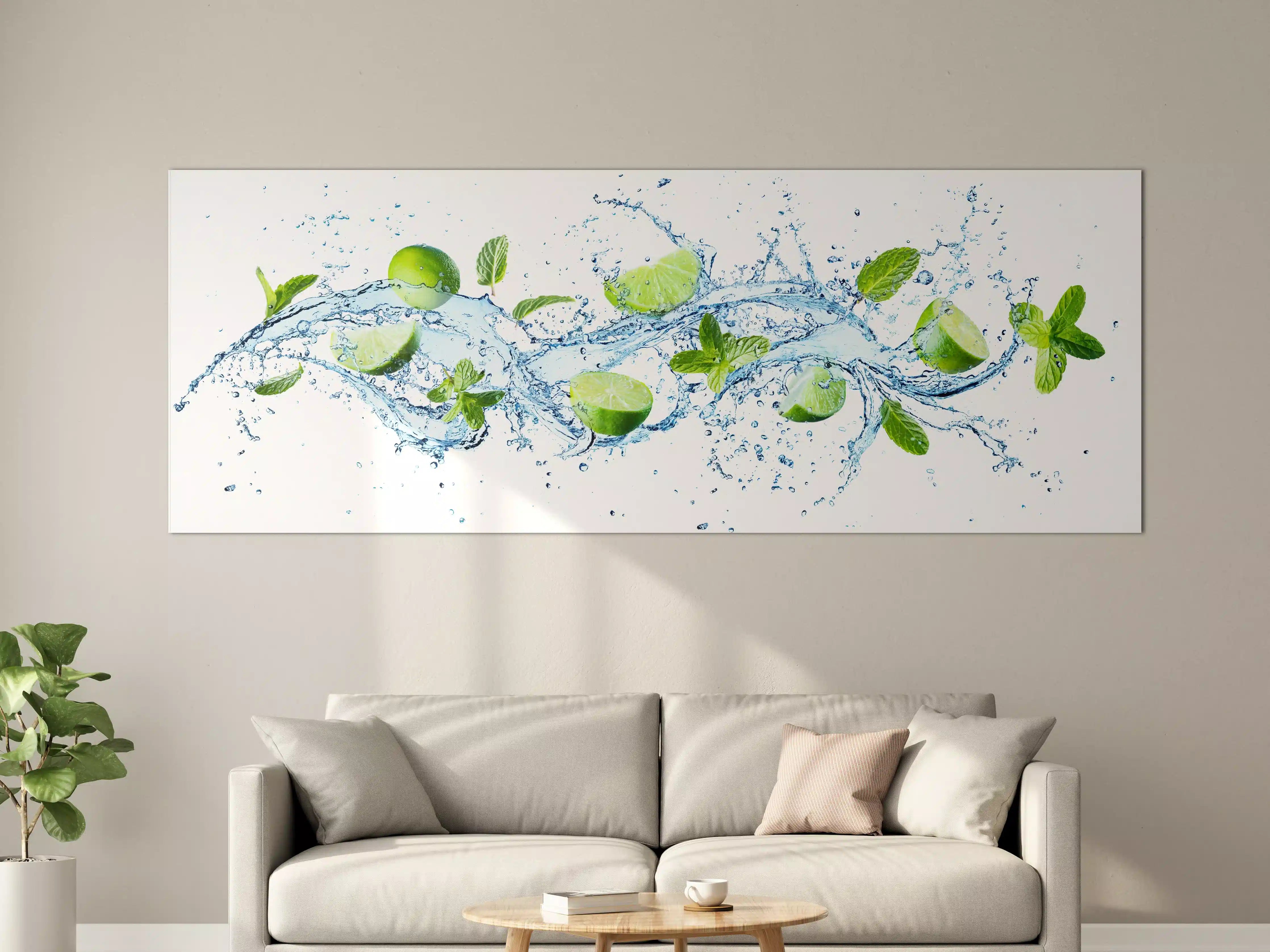Große Wandbilder - Wasserspritzer mit Minzblättern und Limettenspalten