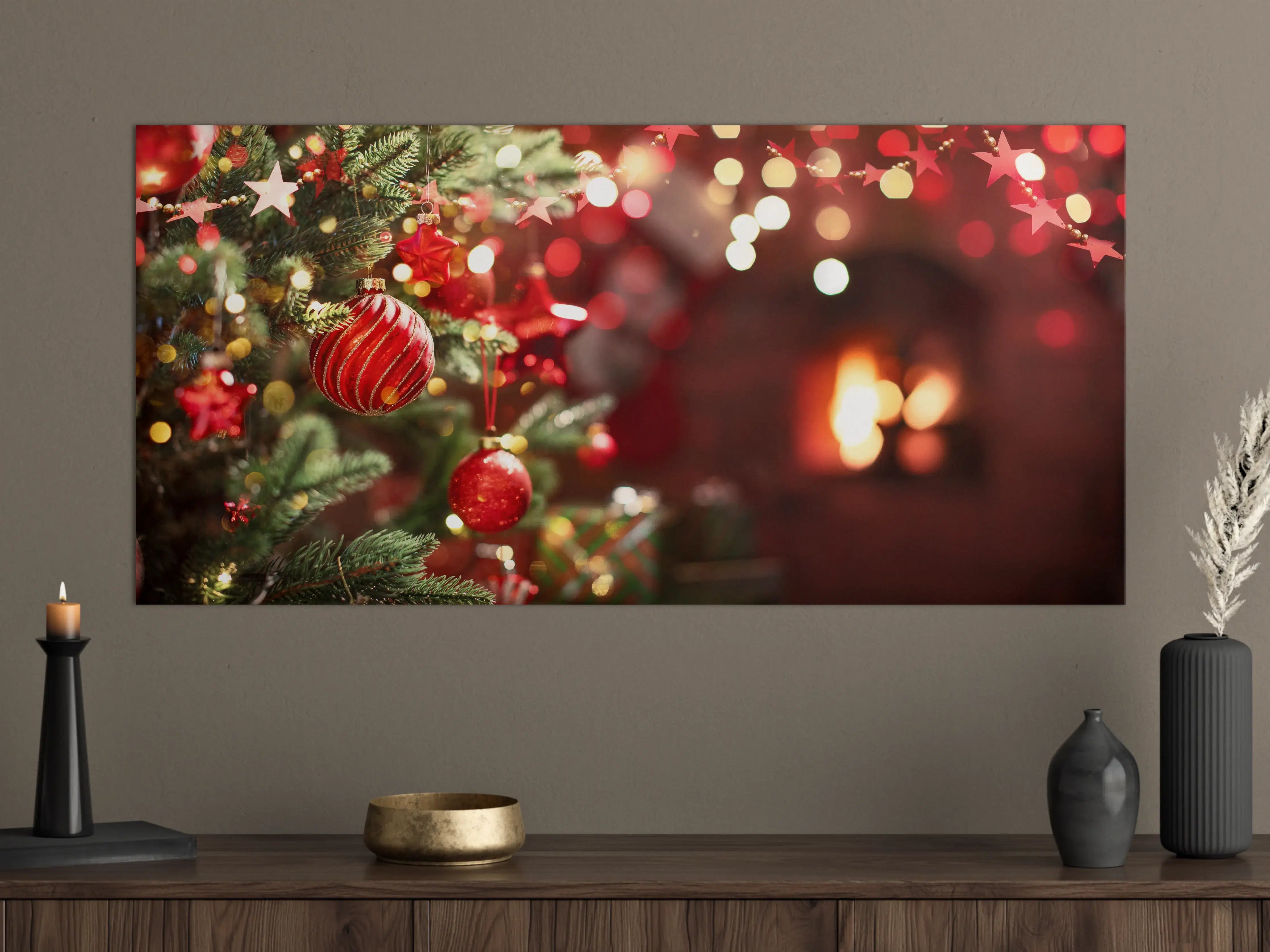 Große Wandbilder - Weihnachtsbaum mit roten Kugeln und Sternen