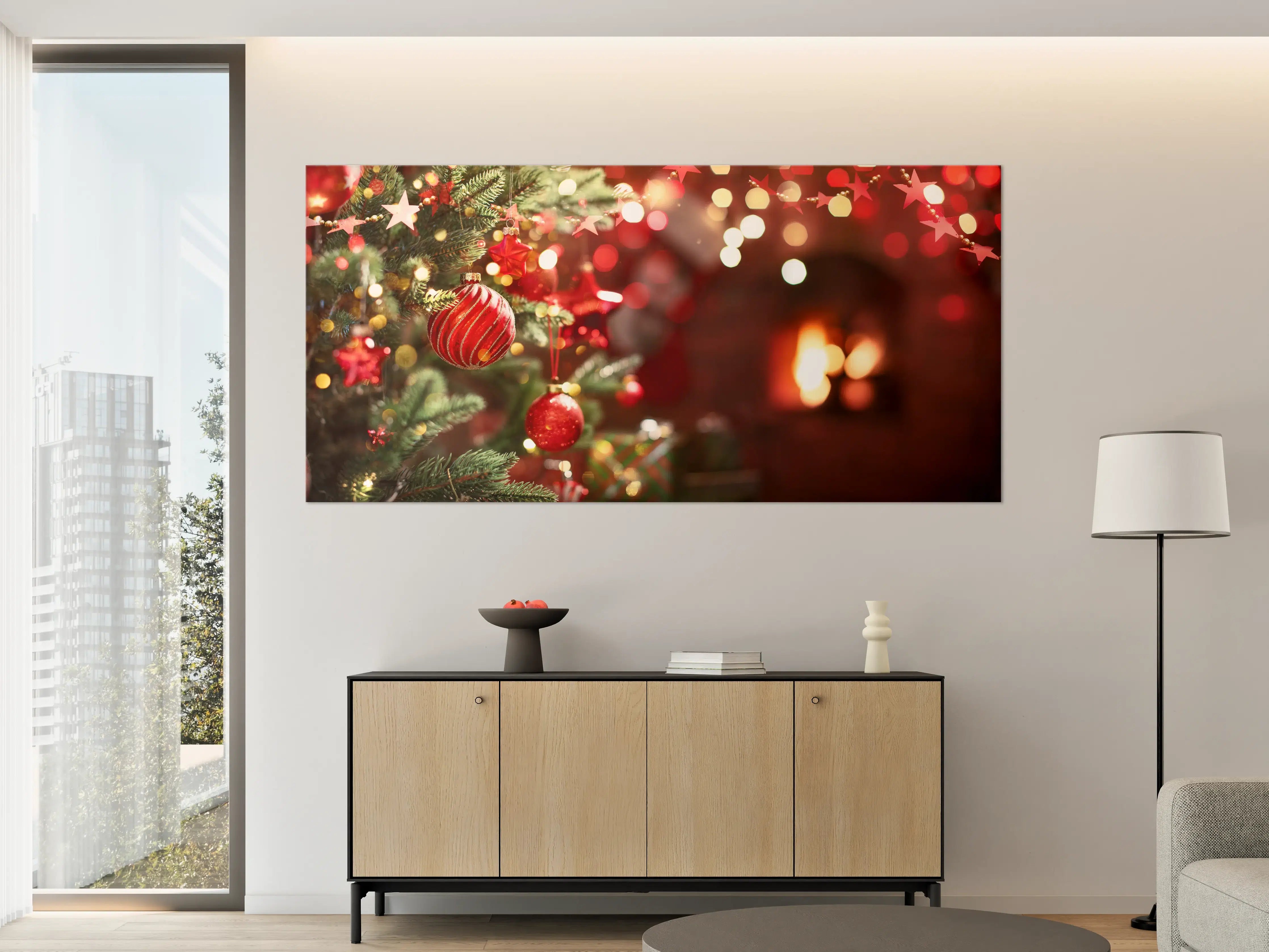 Große Wandbilder - Weihnachtsbaum mit roten Kugeln und Sternen