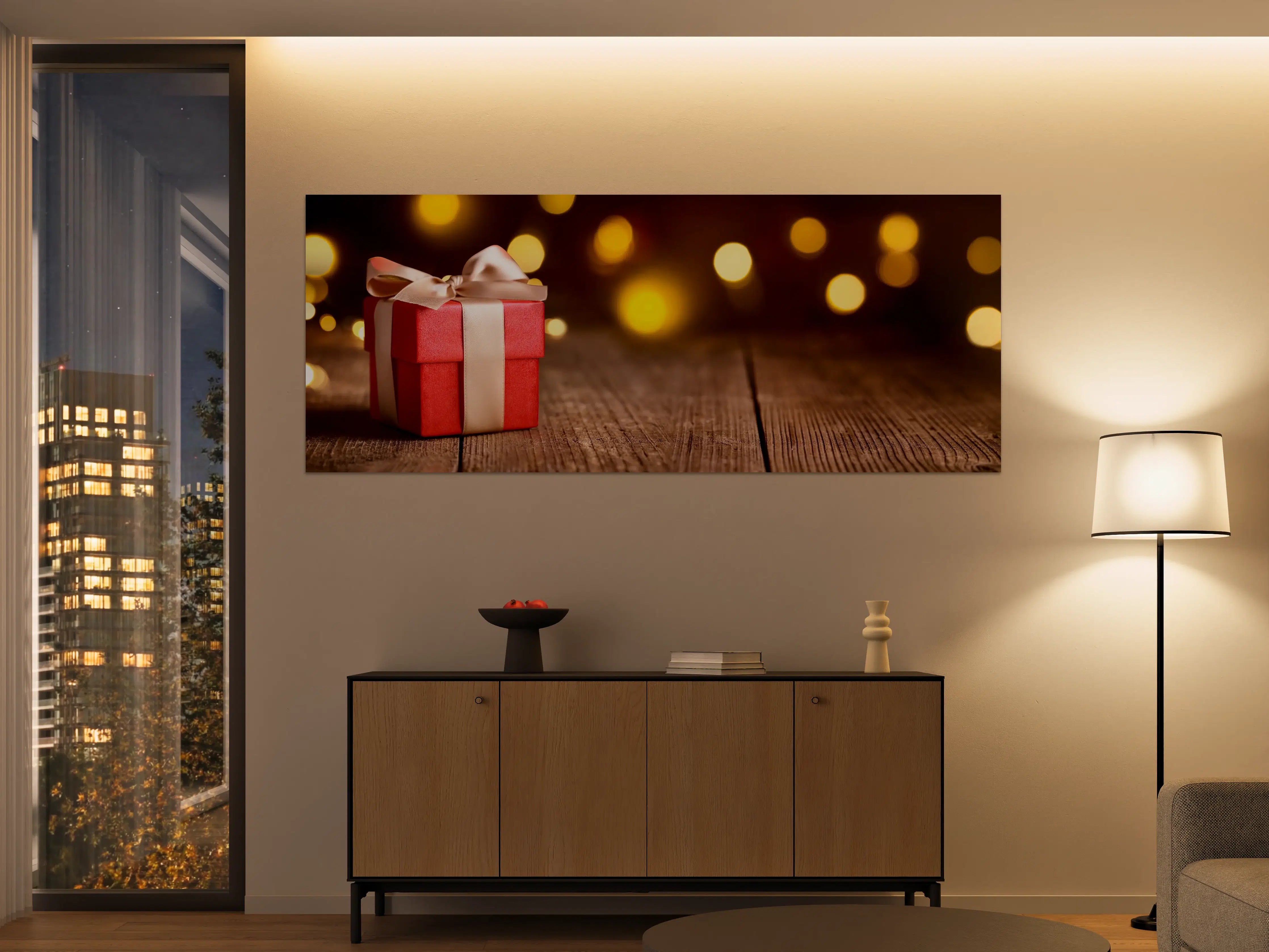 Große Wandbilder - Weihnachtsgeschenk auf festlichem Hintergrund