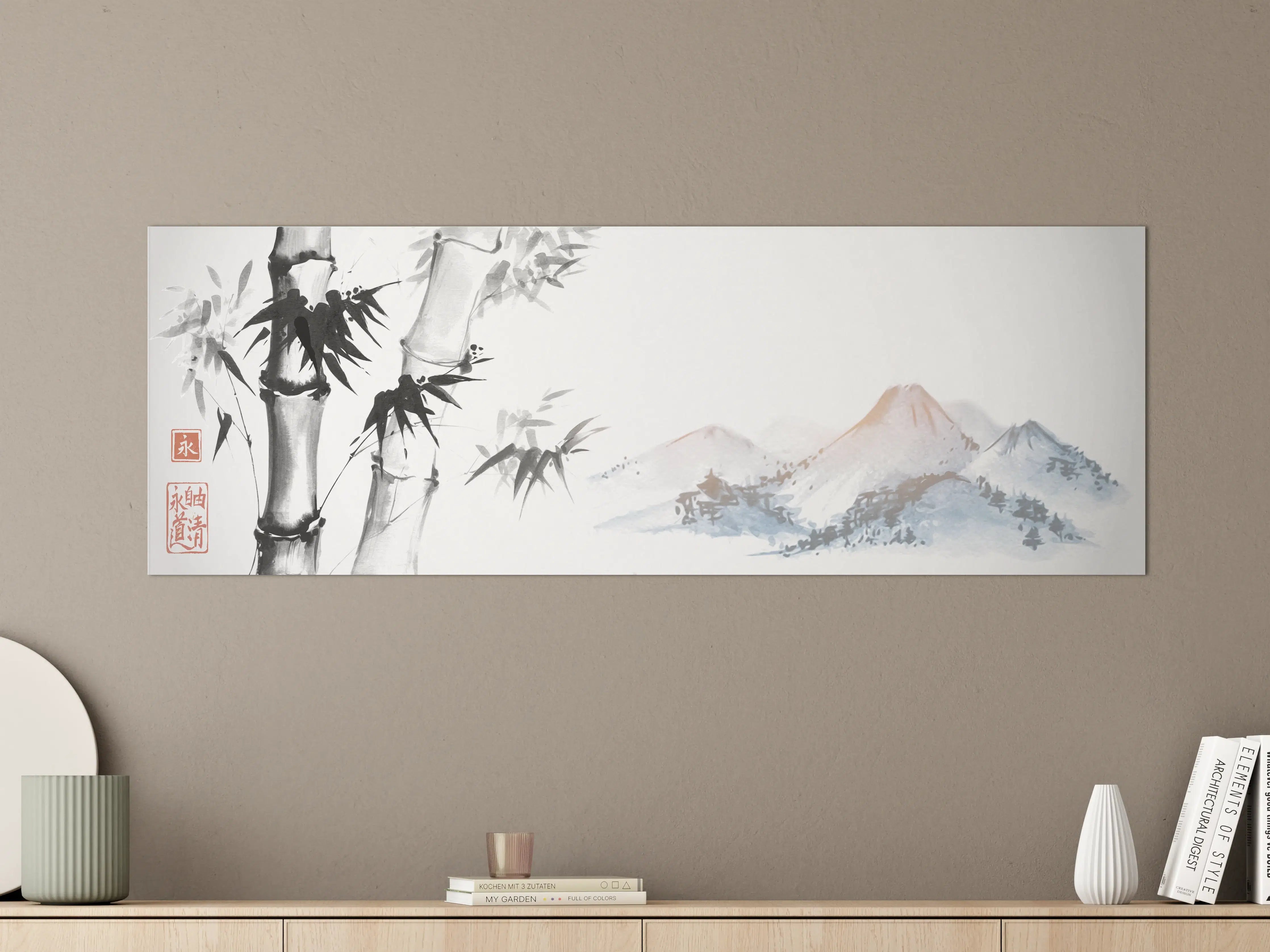 Große Wandbilder - Weiß-Blau Bambus Bergmalerei