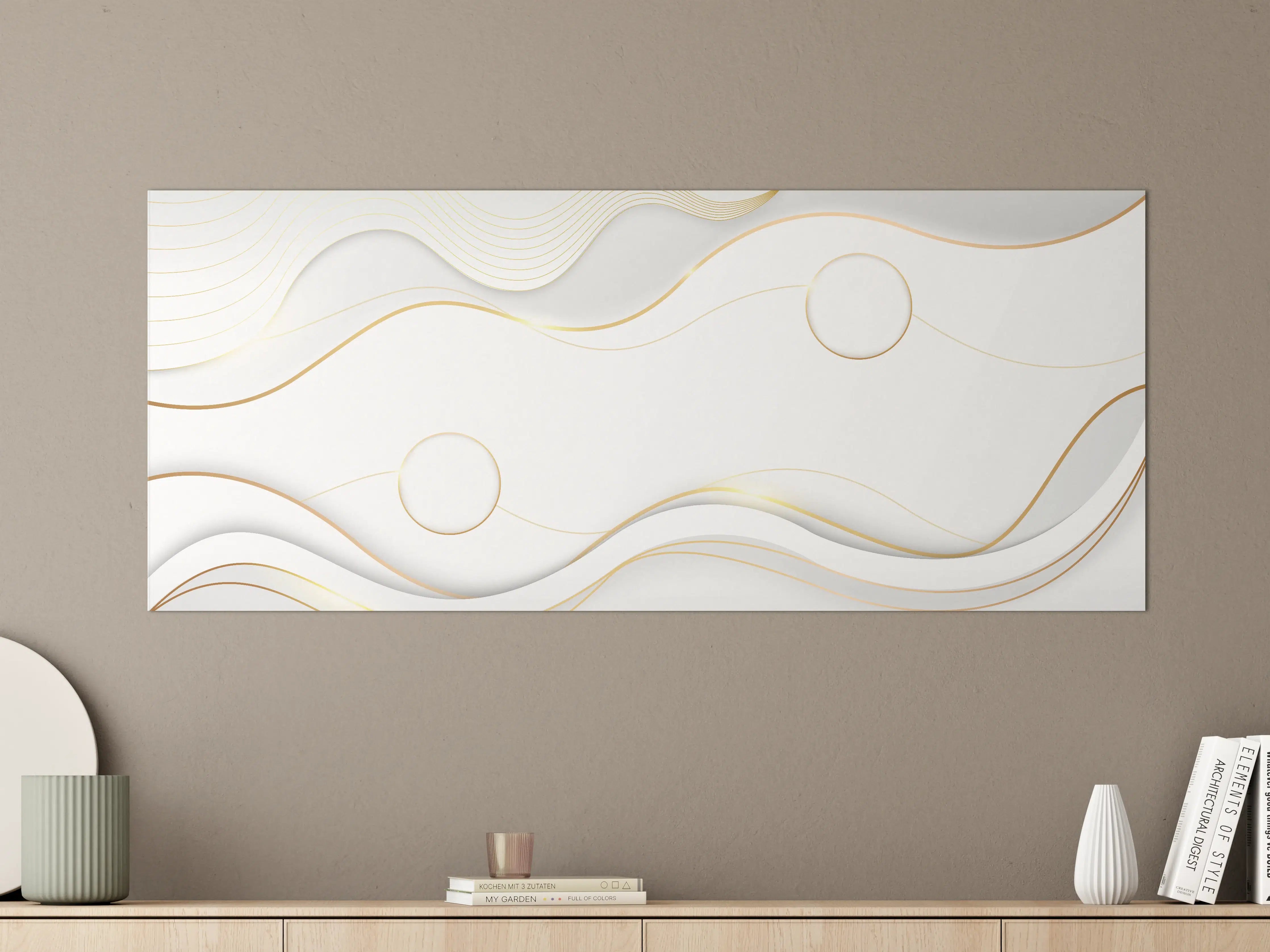 Große Wandbilder - Weiß-Goldene Wellen Grafik