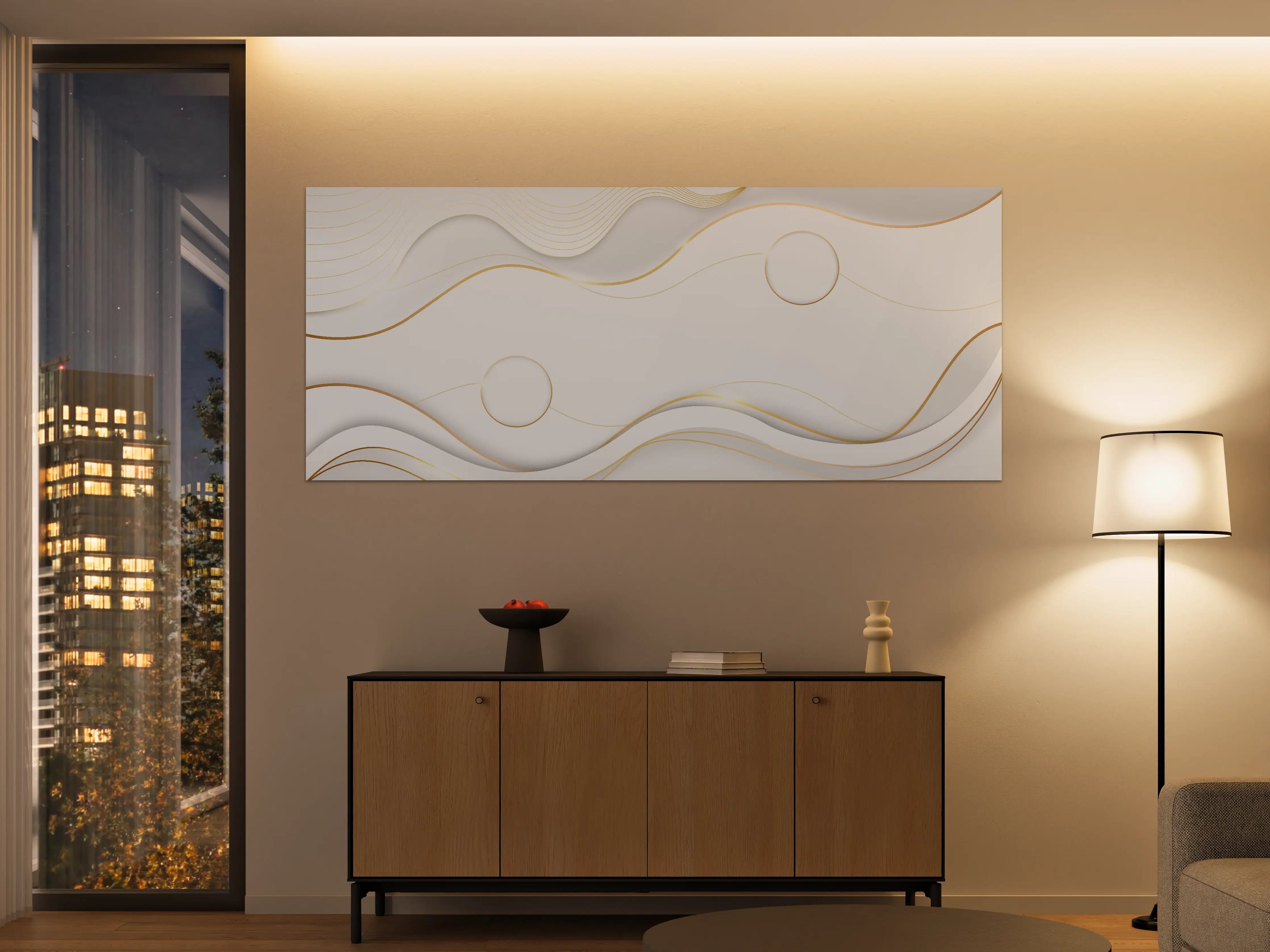 Große Wandbilder - Weiß-Goldene Wellen Grafik