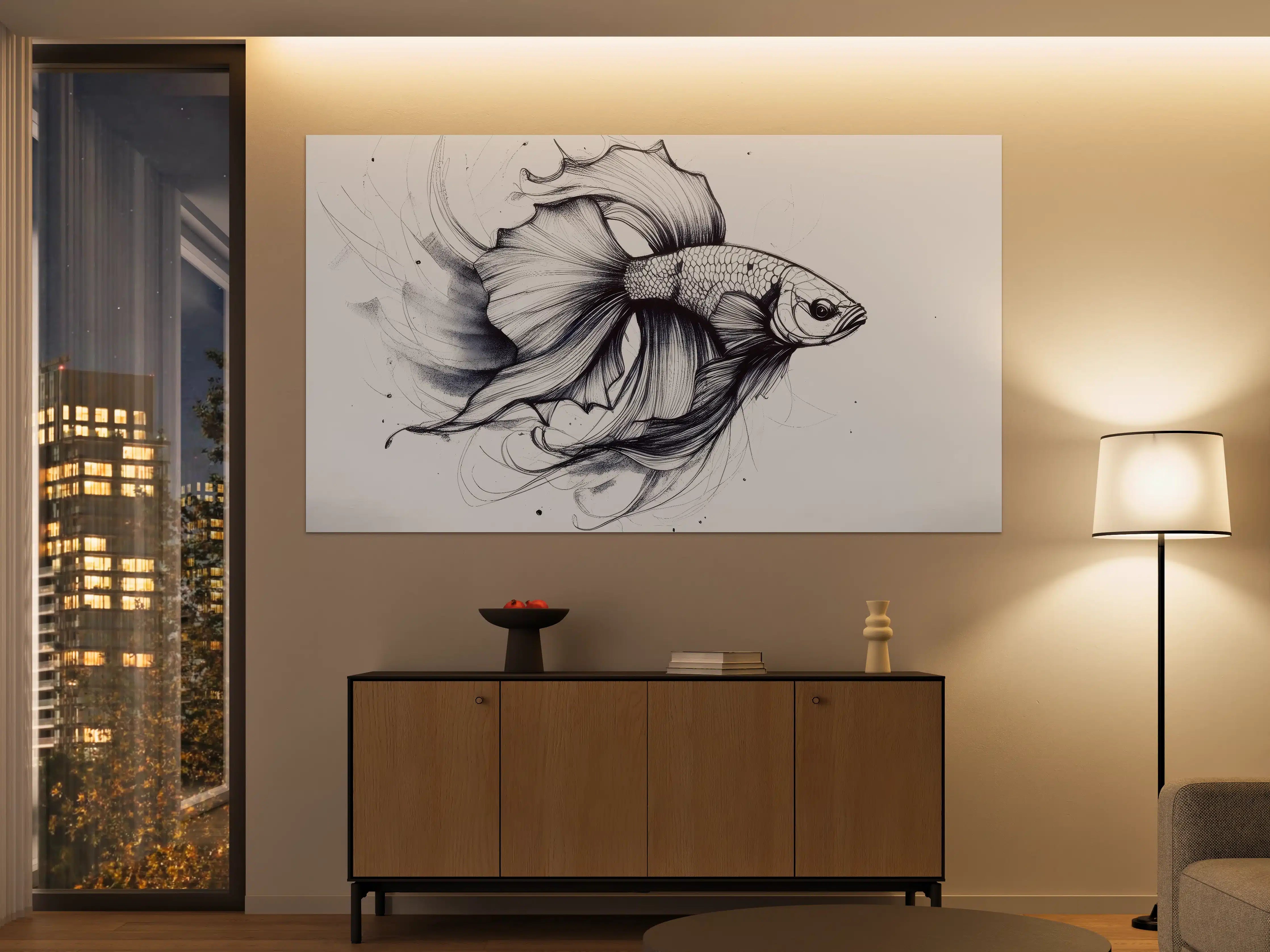 Große Wandbilder - Weiß-Grau Betta-Fisch Illustration