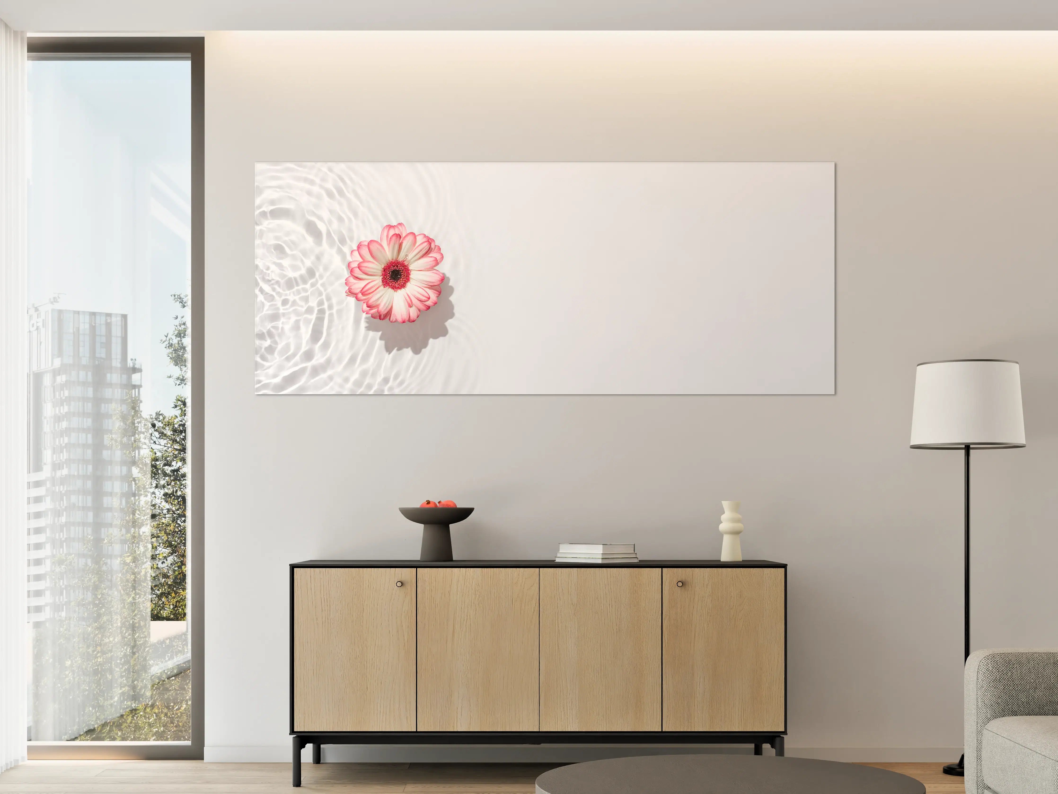 Große Wandbilder - Weiß-Grau mit Rosa Gerbera