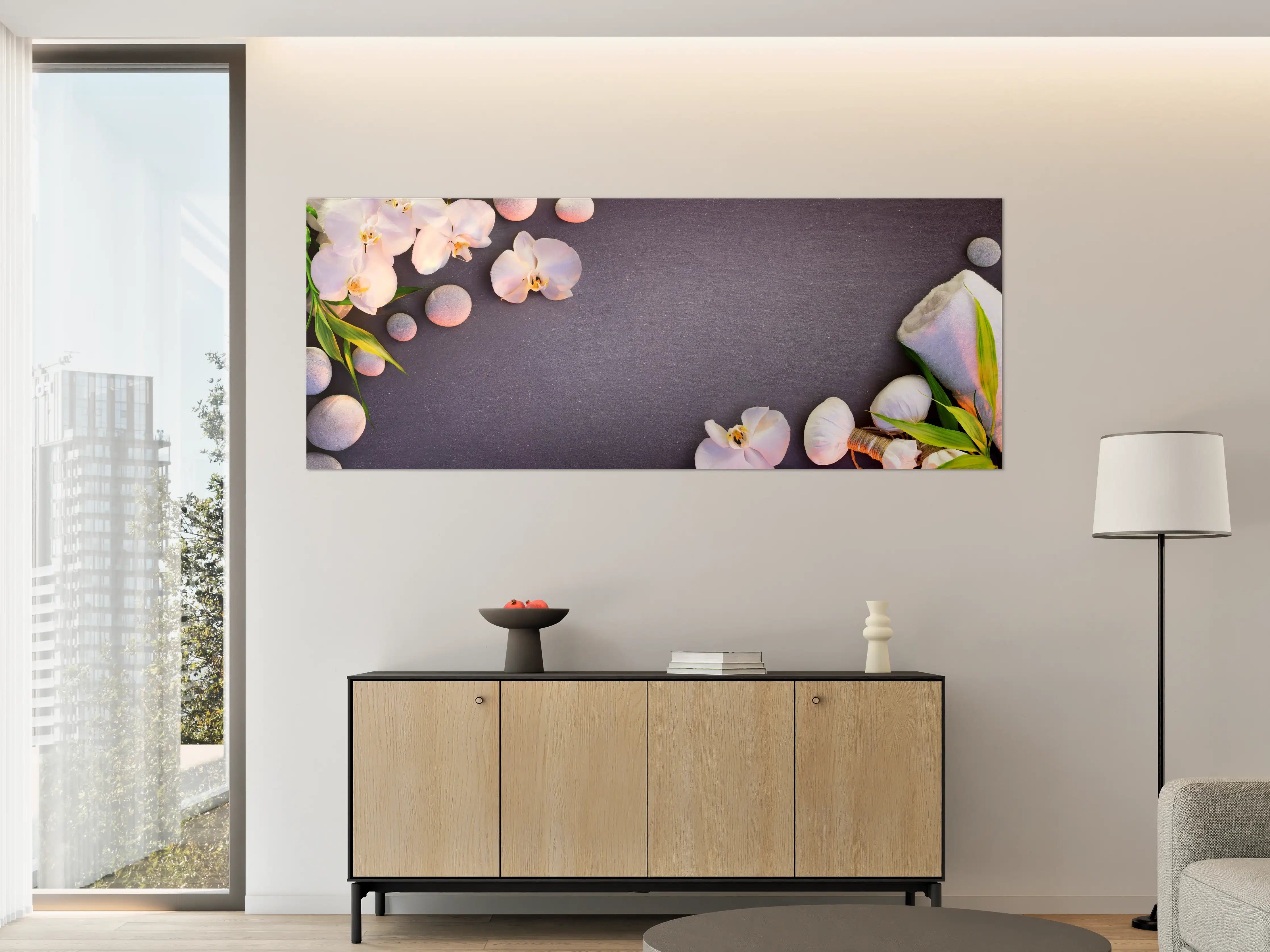 Große Wandbilder - Weiß-Rosa Orchideen auf Schiefer