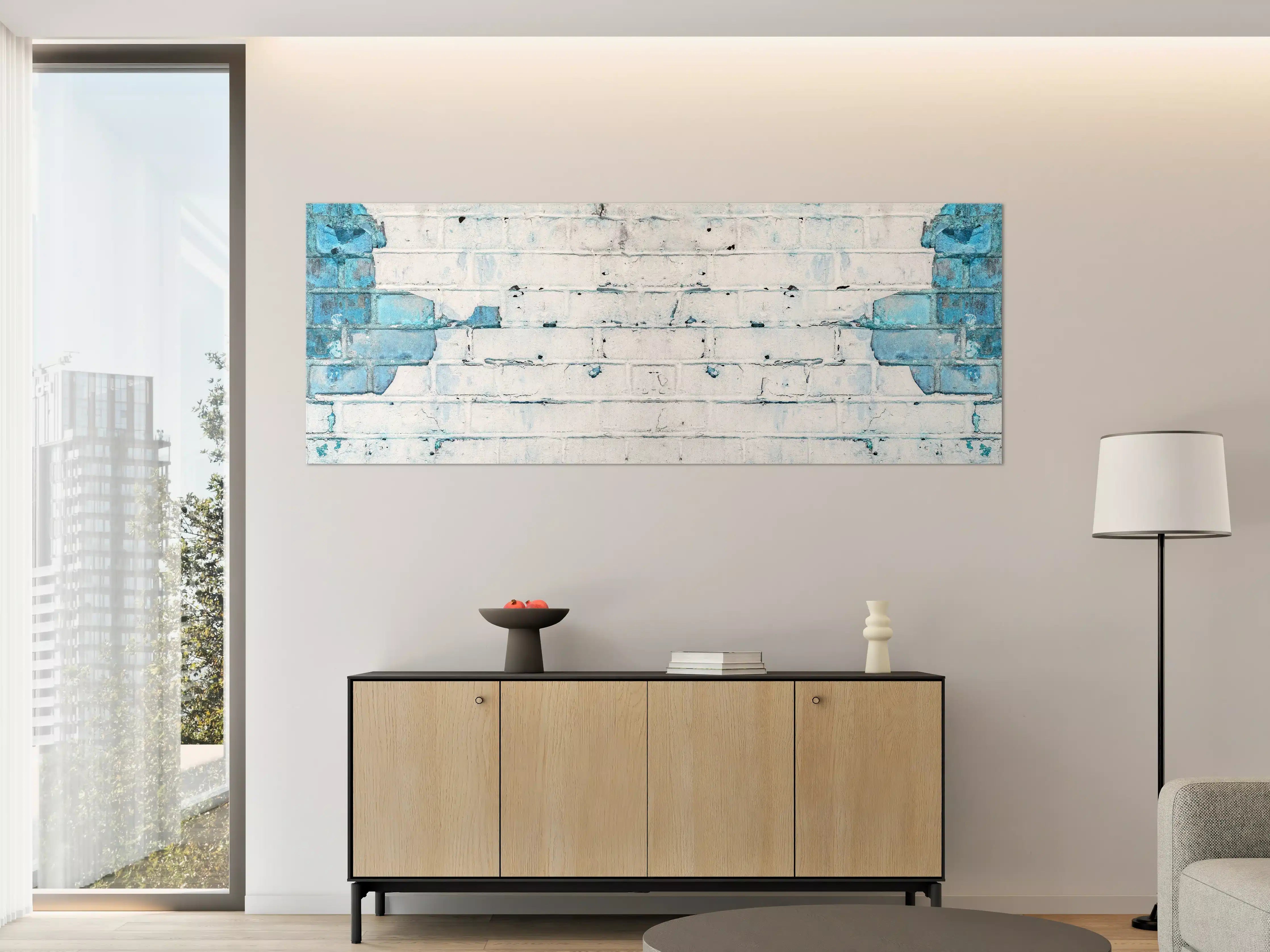Große Wandbilder - Weiß blau beschädigte Backsteinmauer