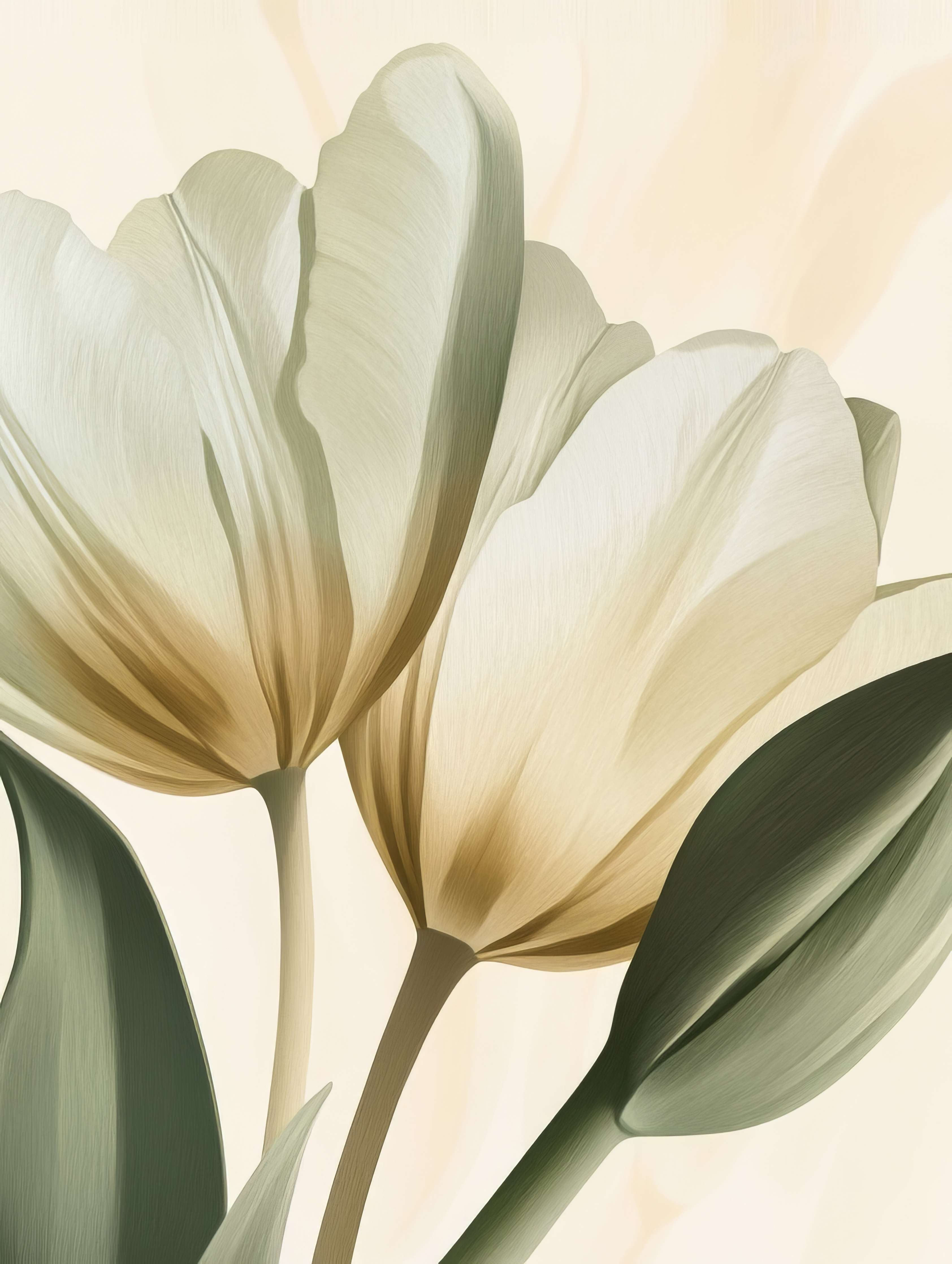 Große Wandbilder-Weiß-graue Tulpen mit grünen Blättern