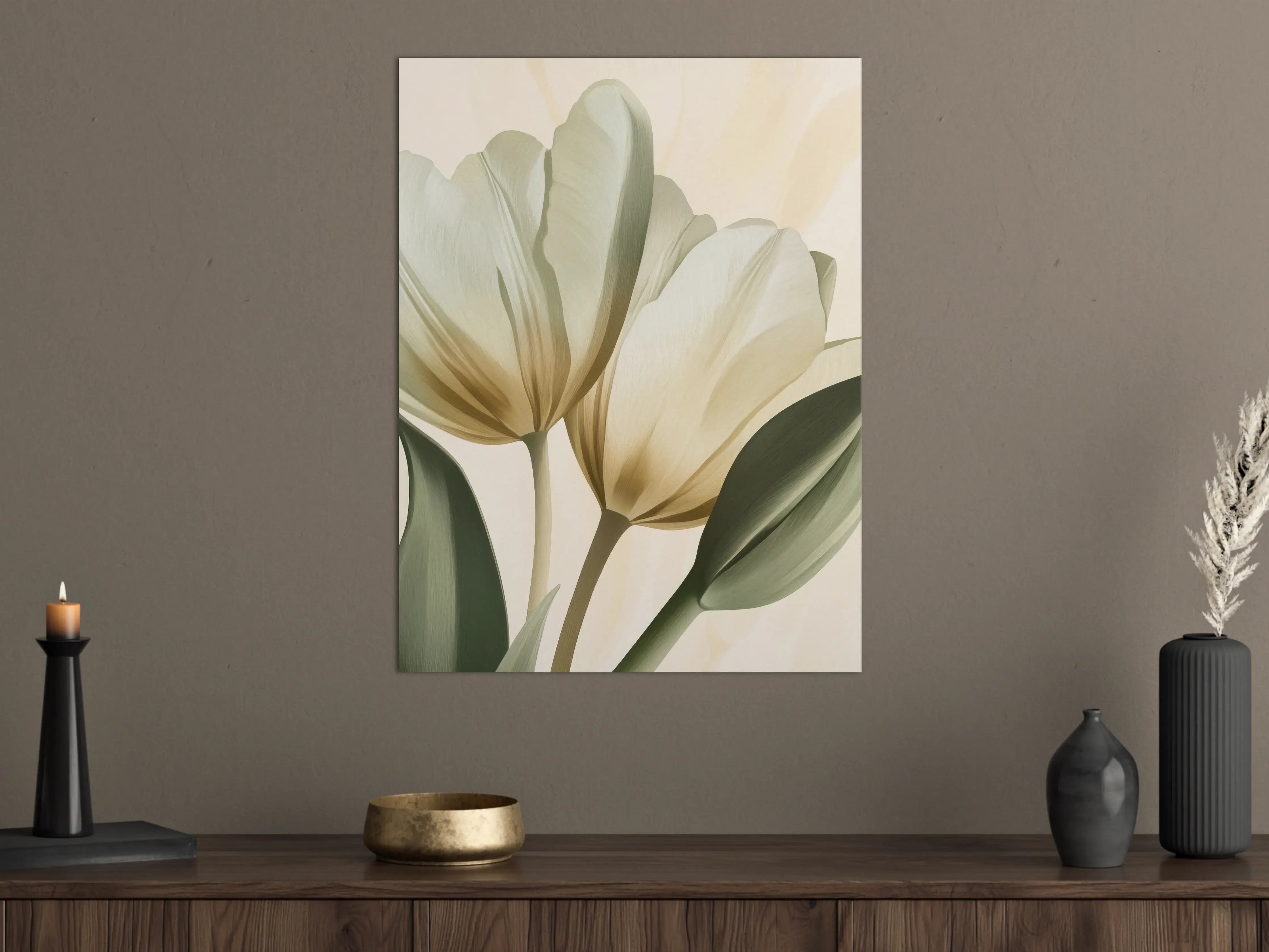 Große Wandbilder - Weiß-graue Tulpen mit grünen Blättern