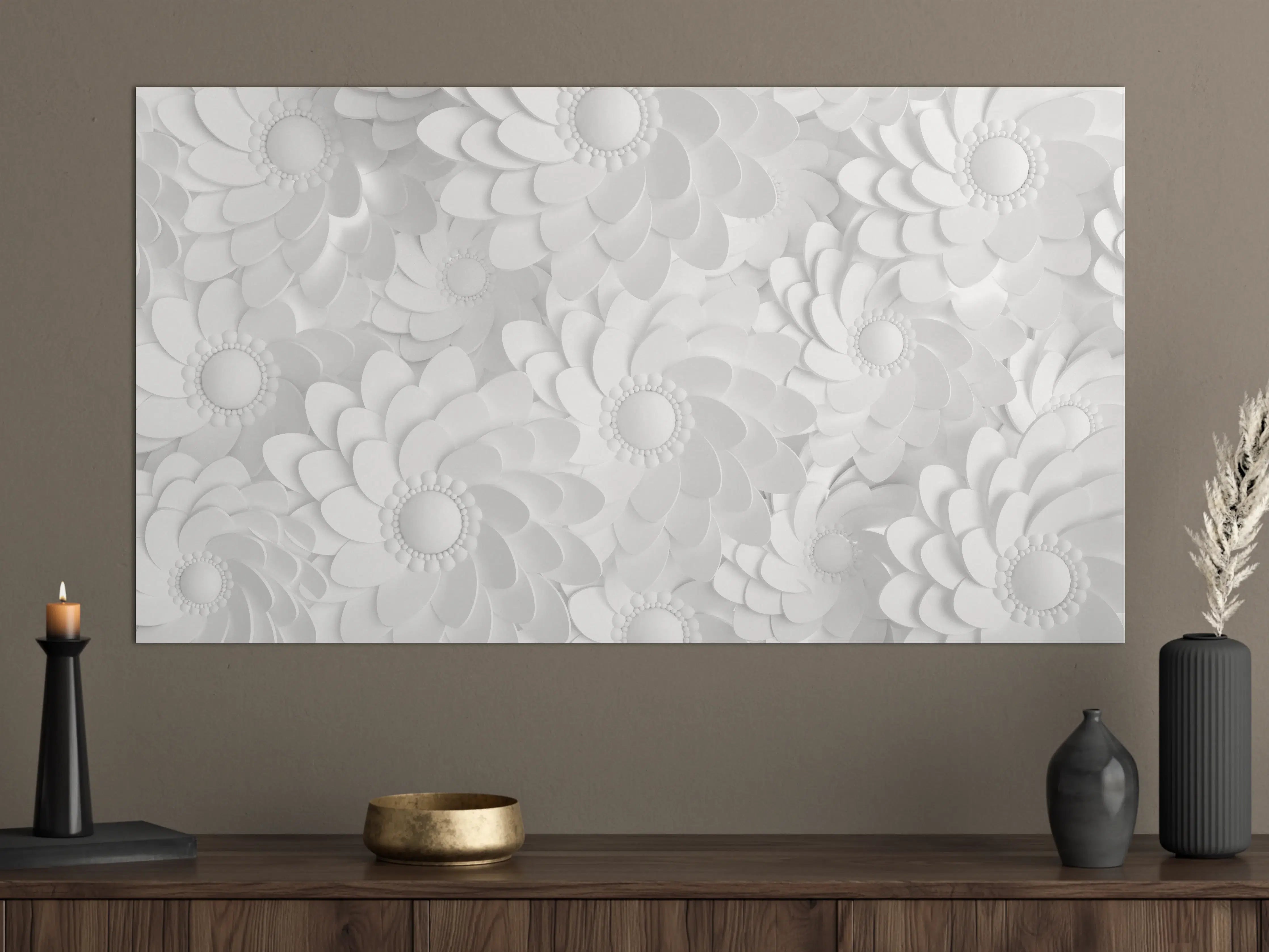 Große Wandbilder - Weiße Blumenmuster mit 3D-Effekt