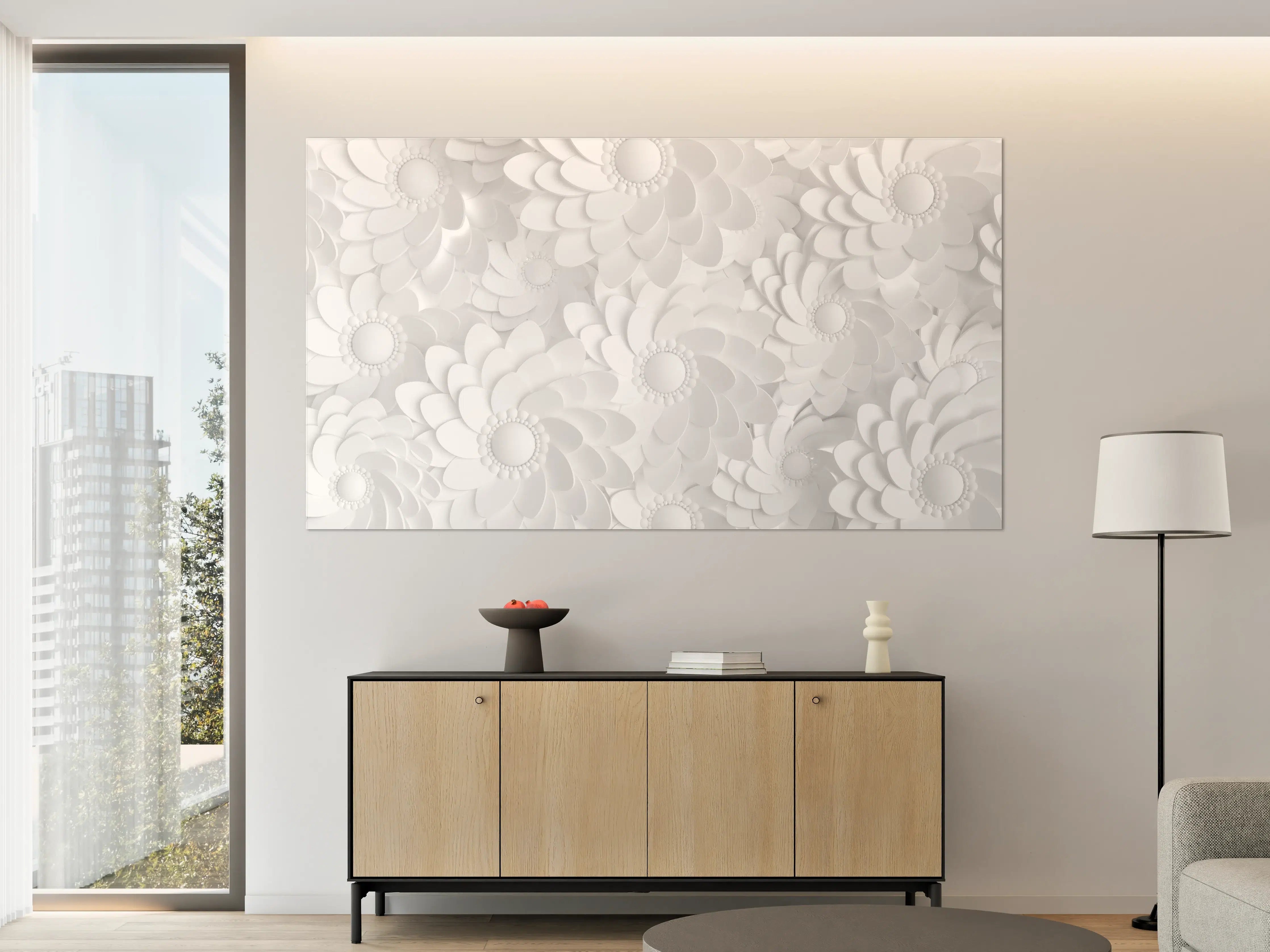 Große Wandbilder - Weiße Blumenmuster mit 3D-Effekt