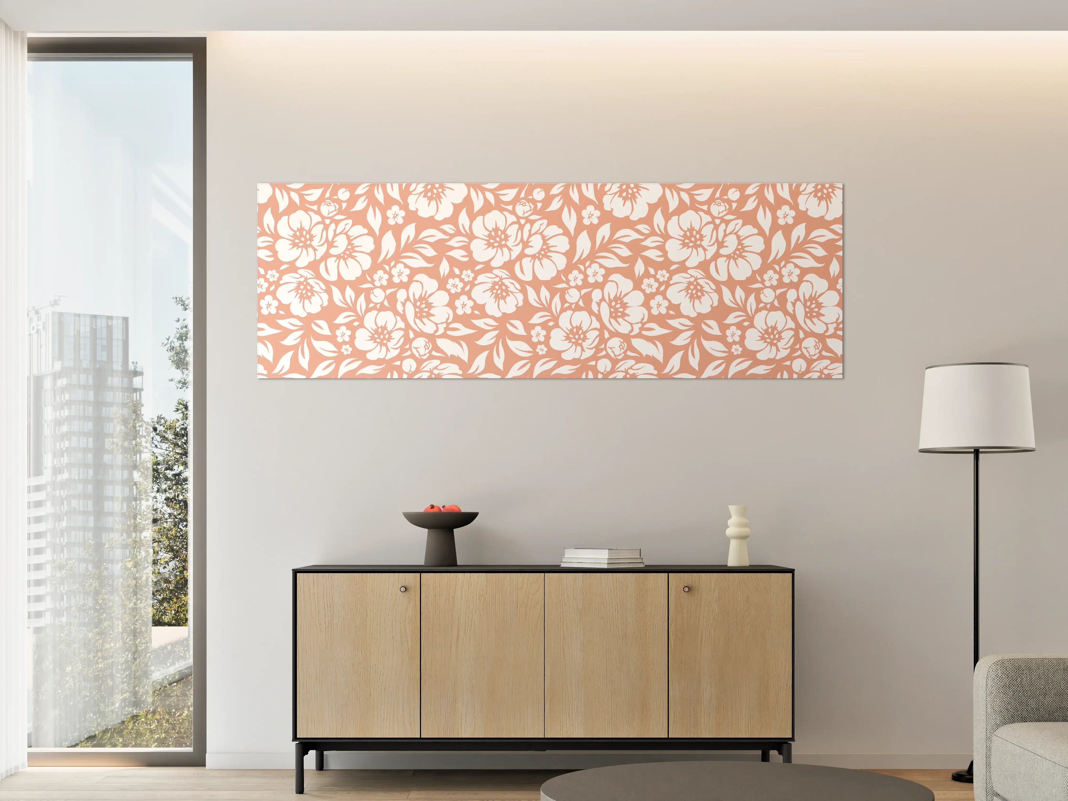Große Wandbilder - Weiße Blumenmuster mit Beige-Tönen