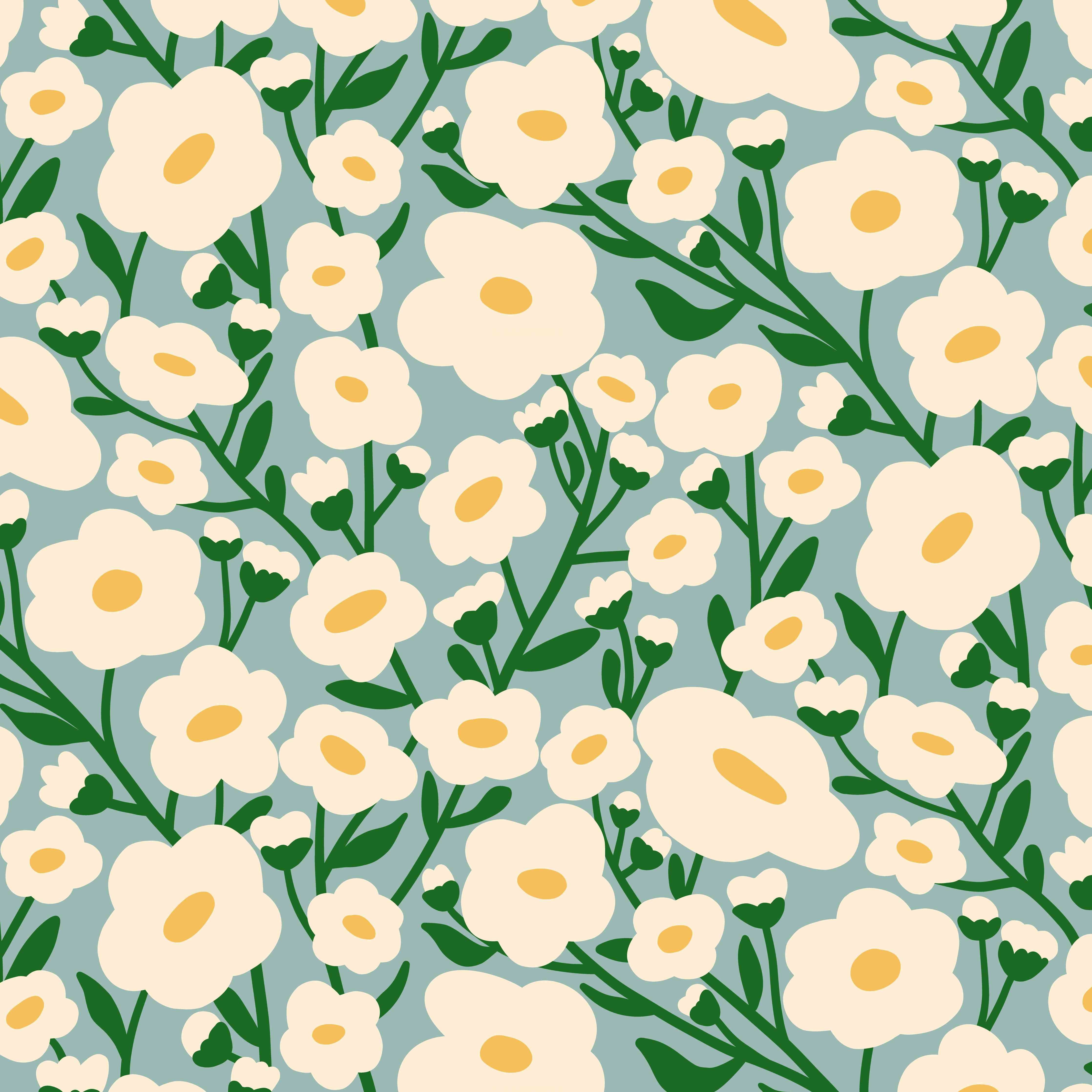 Große Wandbilder-Weiße Blumenmuster mit grünen Zweigen auf grauem Hintergrund