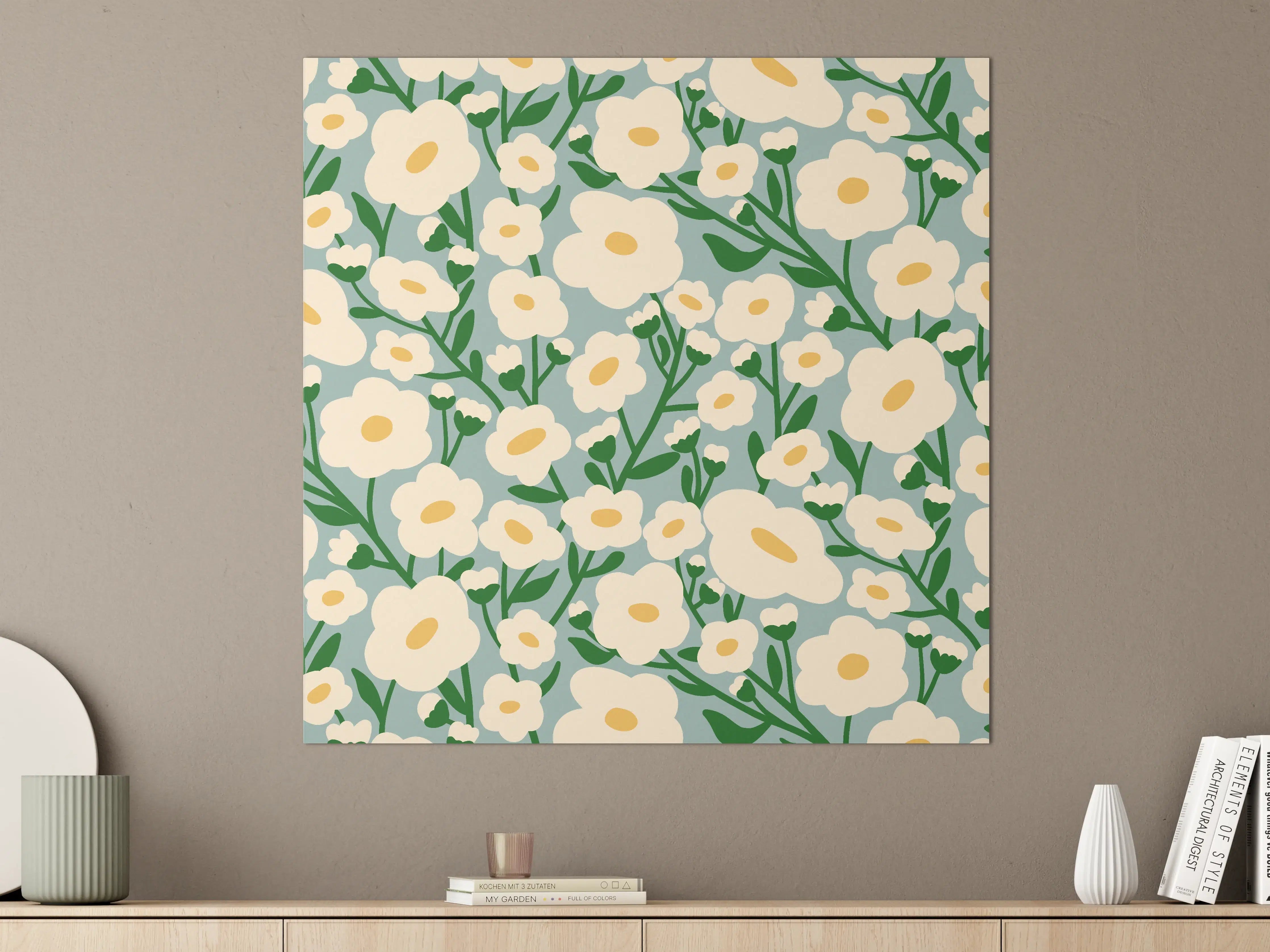 Große Wandbilder - Weiße Blumenmuster mit grünen Zweigen auf grauem Hintergrund