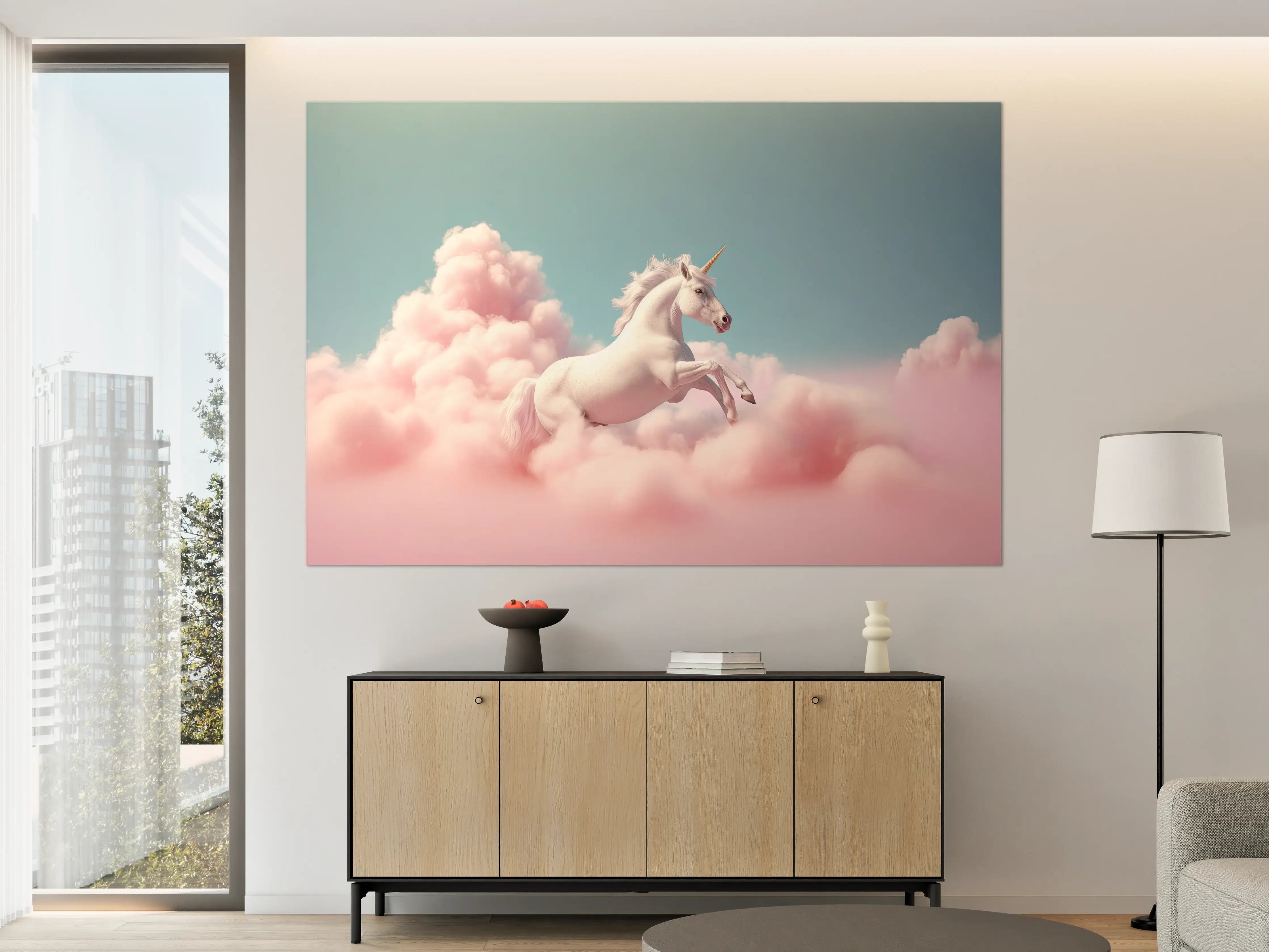 Große Wandbilder - Weiße Einhorn-Illustration vor pastellfarbigem Himmel