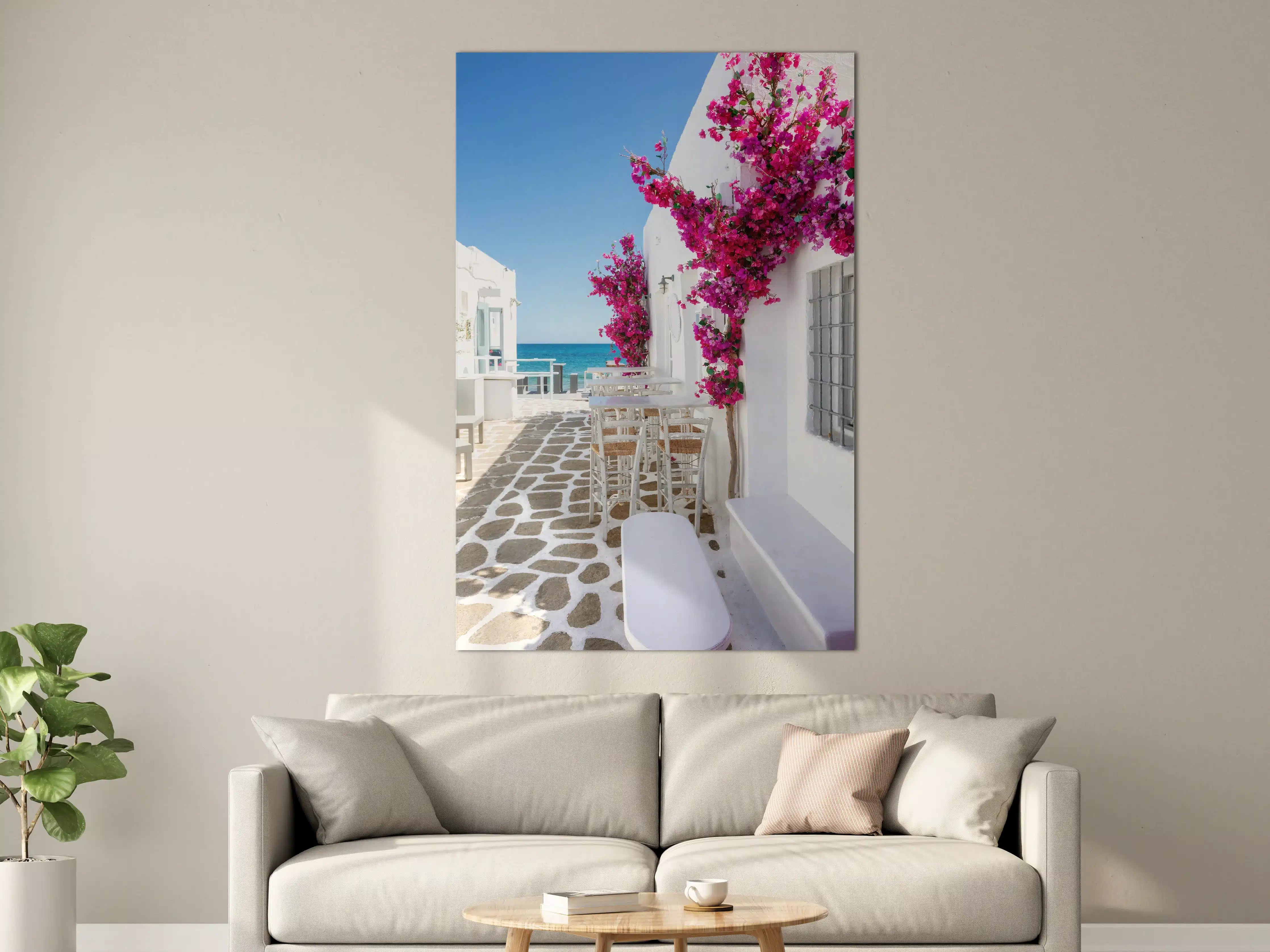 Große Wandbilder - Weiße Gasse mit Oleander Blumen in Mykonos