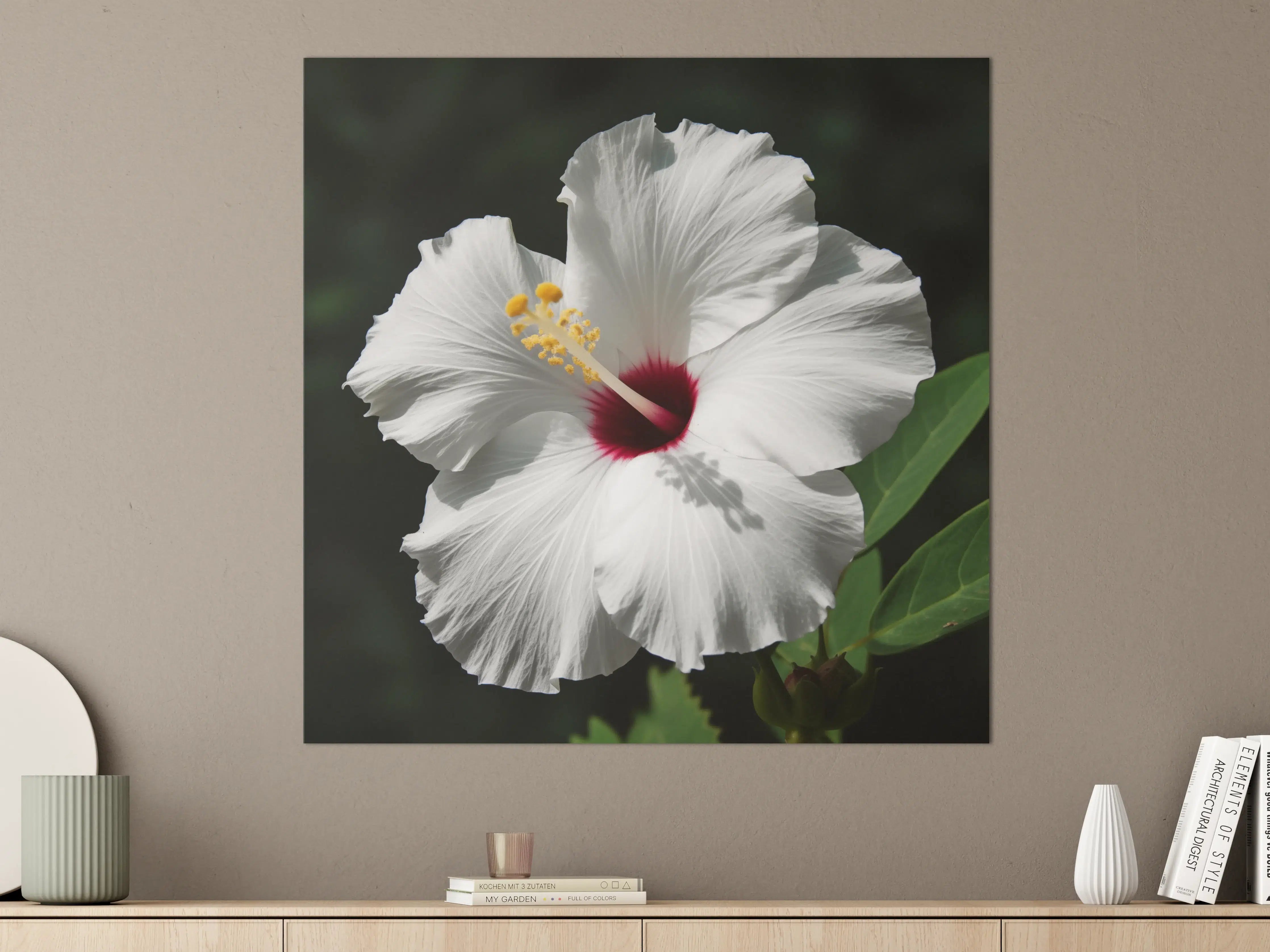 Große Wandbilder - Weiße Hibiskusblume mit rotem Zentrum