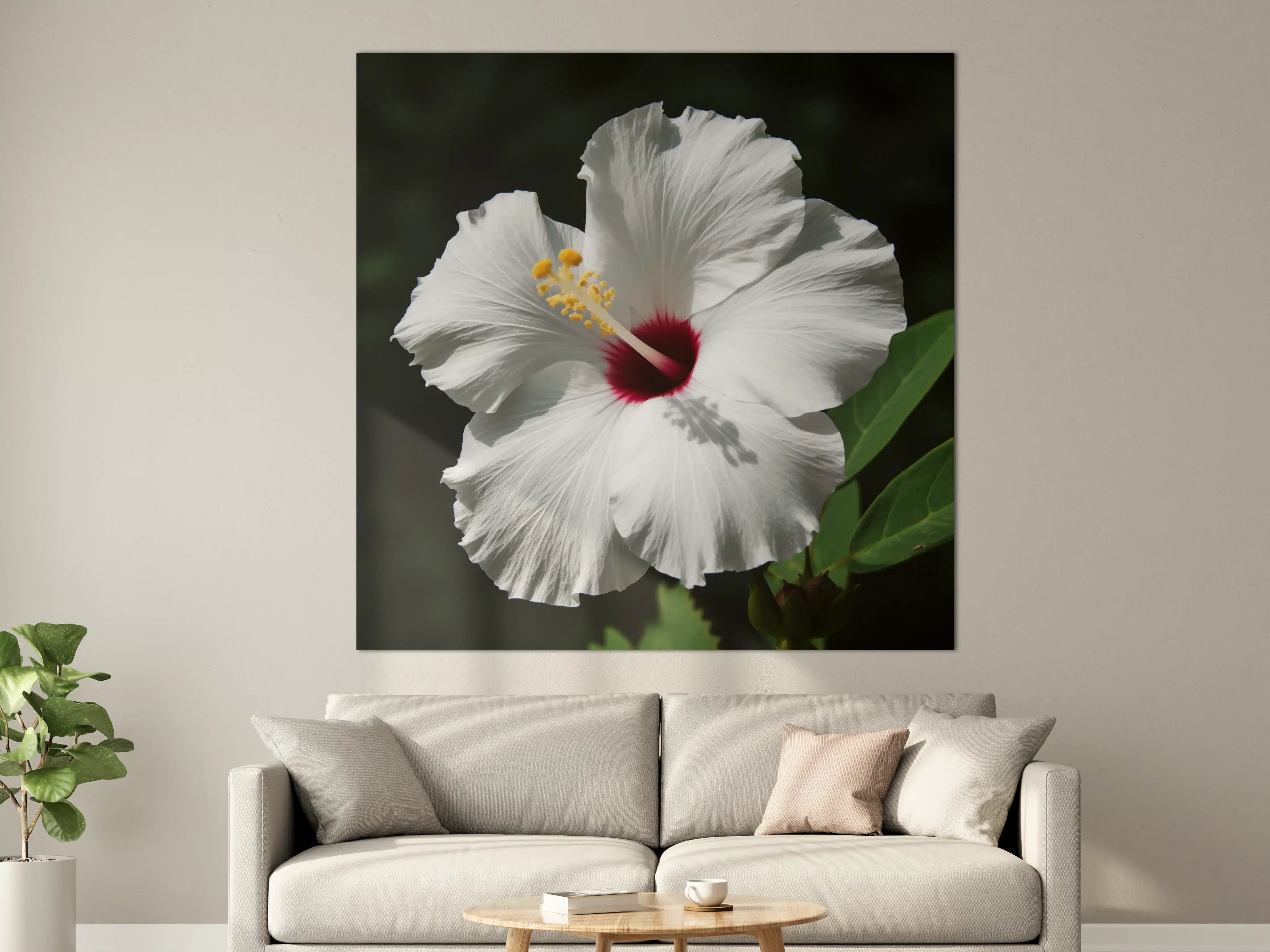 Große Wandbilder - Weiße Hibiskusblume mit rotem Zentrum