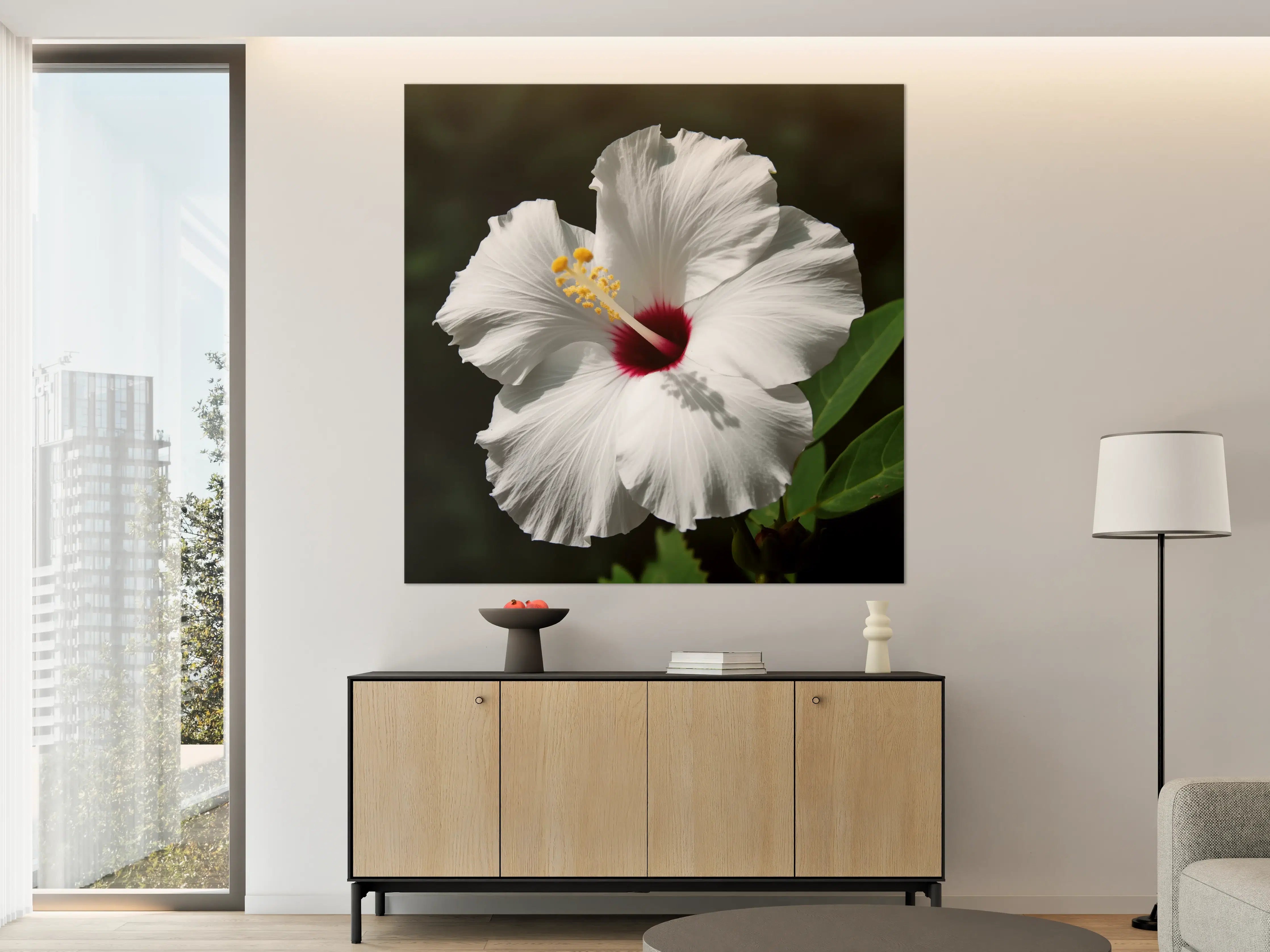 Große Wandbilder - Weiße Hibiskusblume mit rotem Zentrum