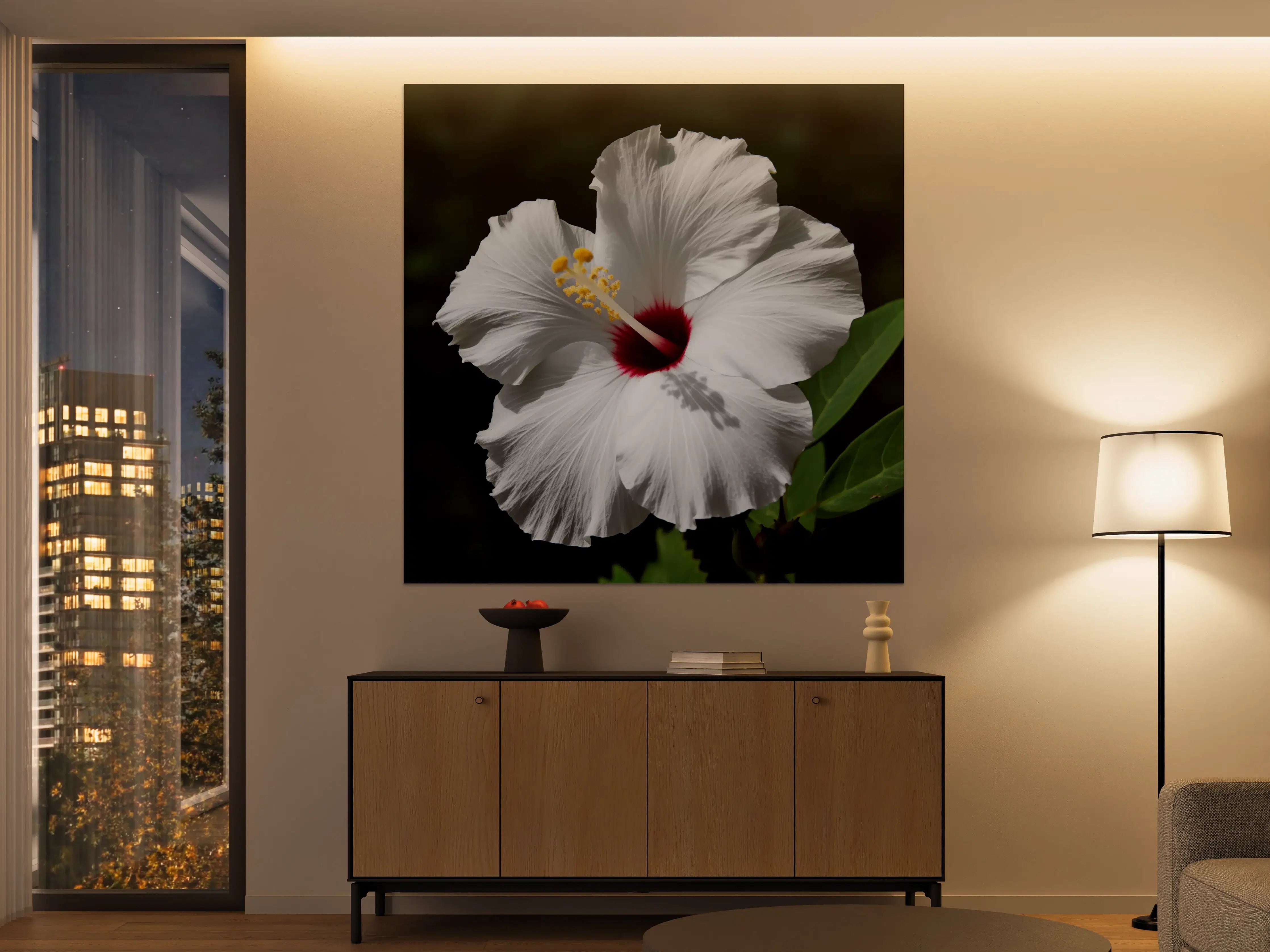 Große Wandbilder - Weiße Hibiskusblume mit rotem Zentrum