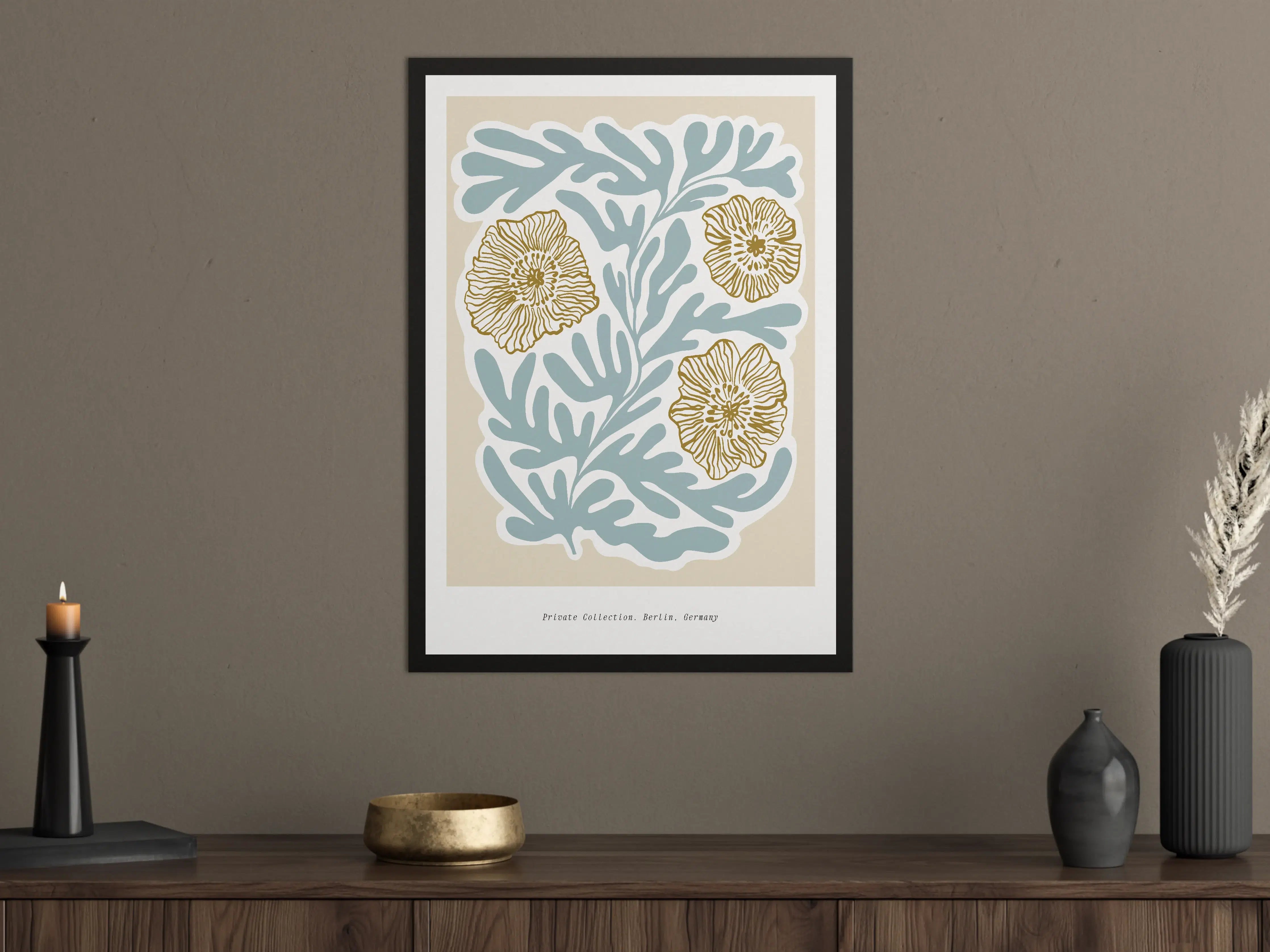Große Wandbilder - Weiße Meeresgras-Illustration mit goldenen Blüten