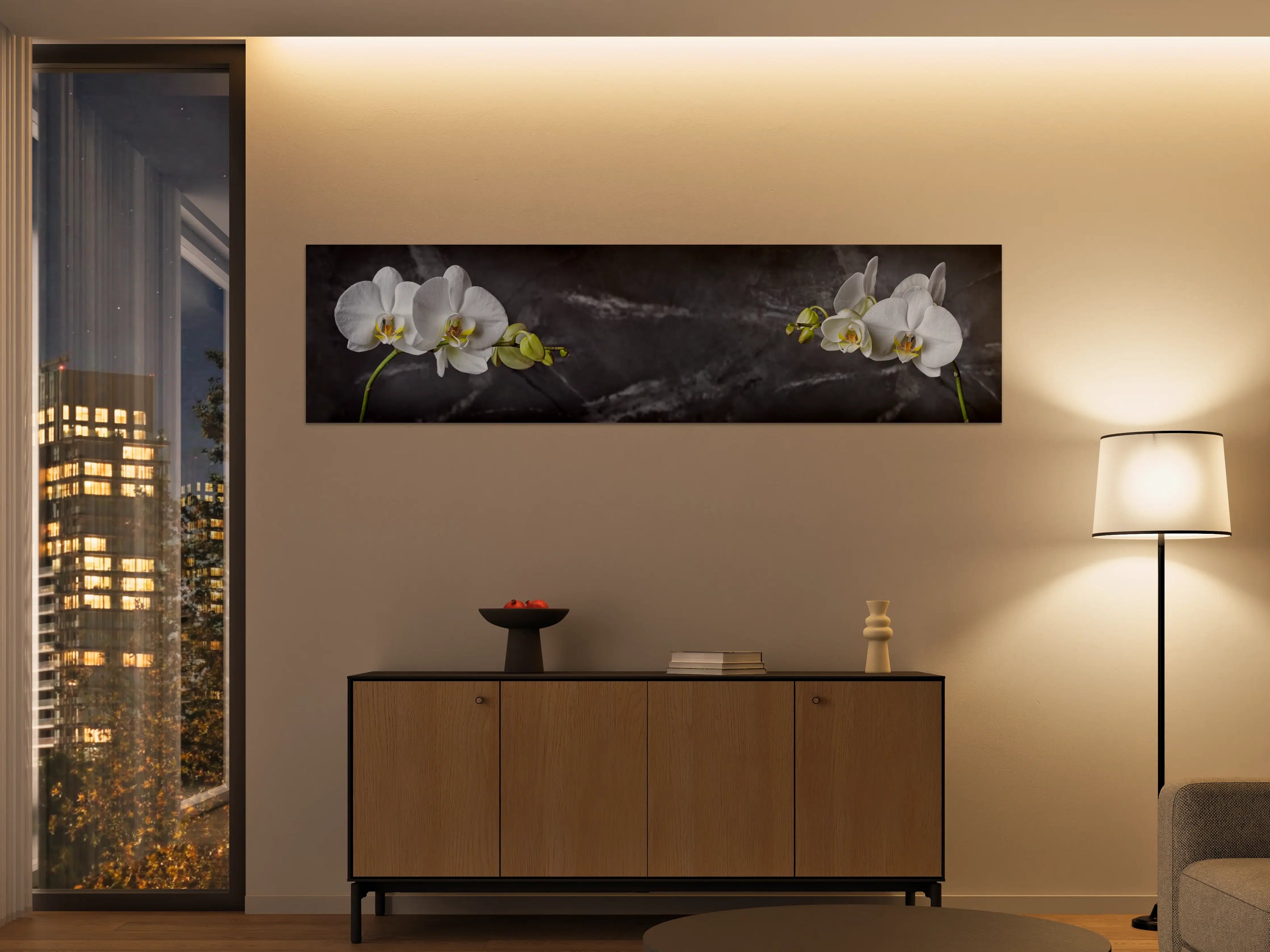 Große Wandbilder - Weiße Orchideen auf Marmor