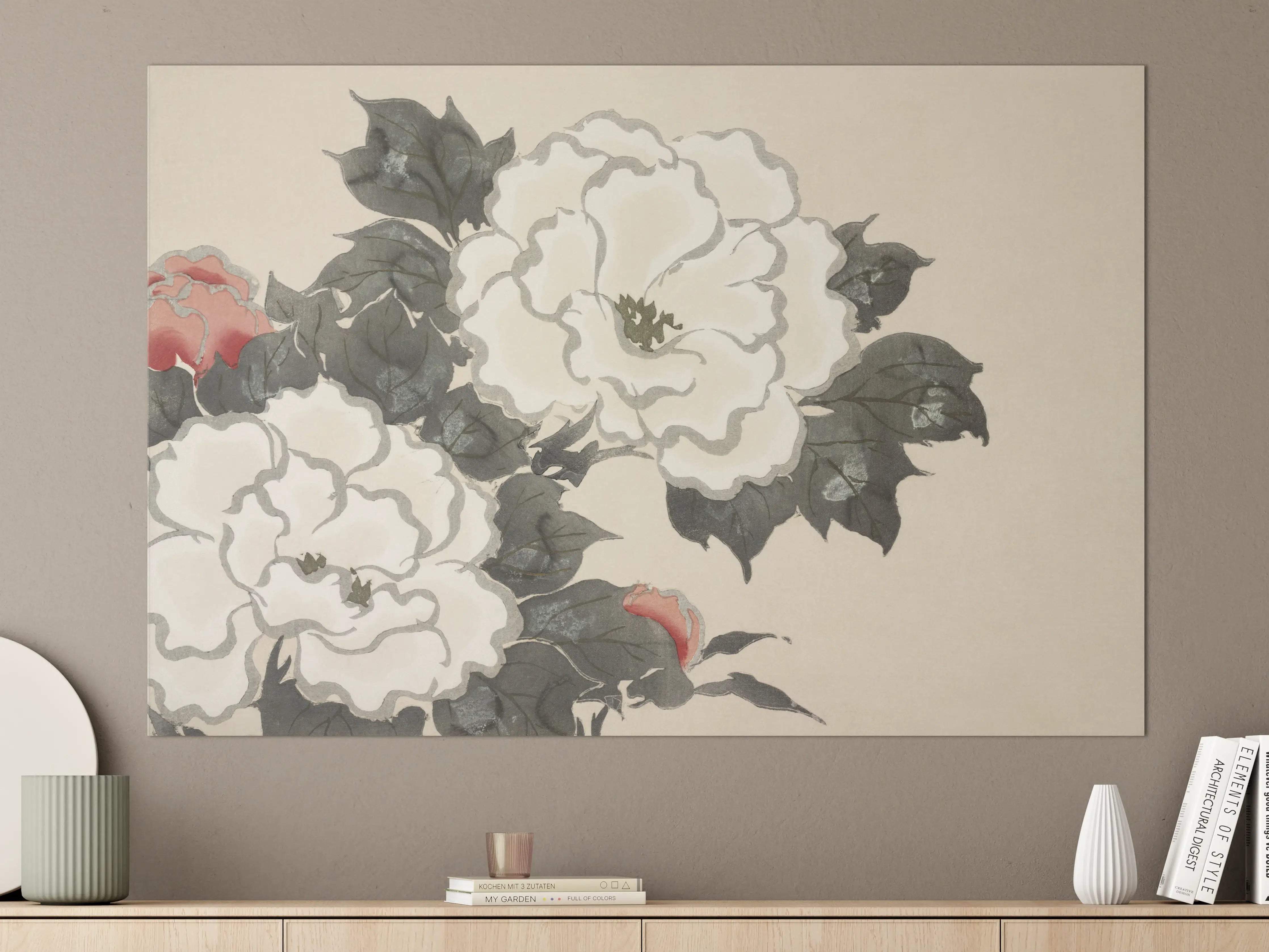 Große Wandbilder - Weiße Pfingstrosen mit dunklen Blättern